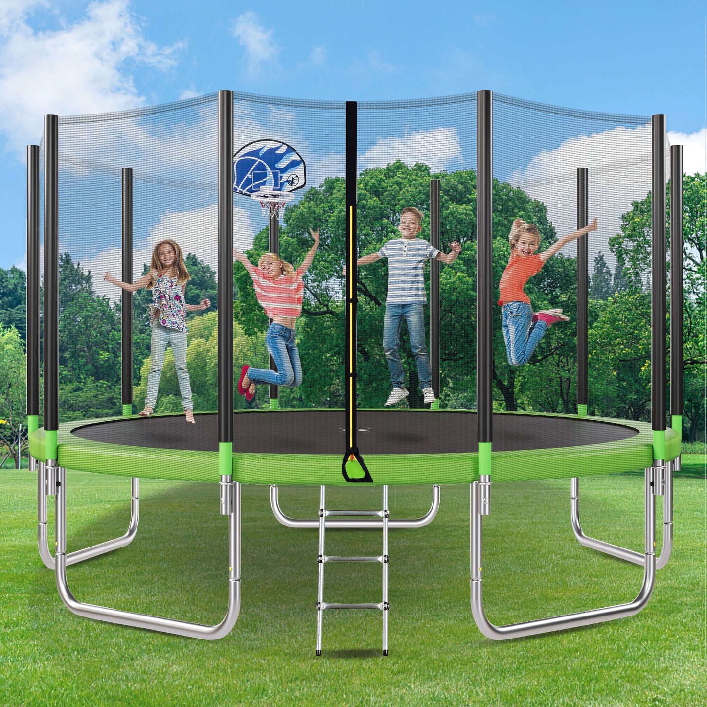 15FT Trampoline for Kids with Safety Enclosure Net, Basketball Hoop and Ladder, Easy Assembly Round Outdoor Recreational Trampoline