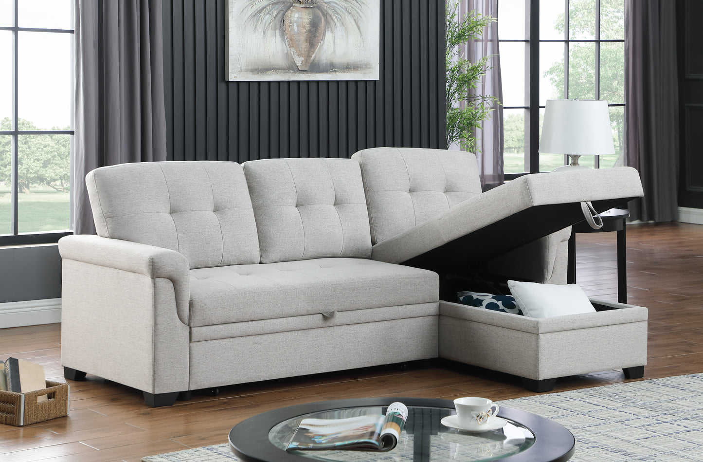 Lucca Light Gray Linen Sofa Bed with Reversible Storage Chaise