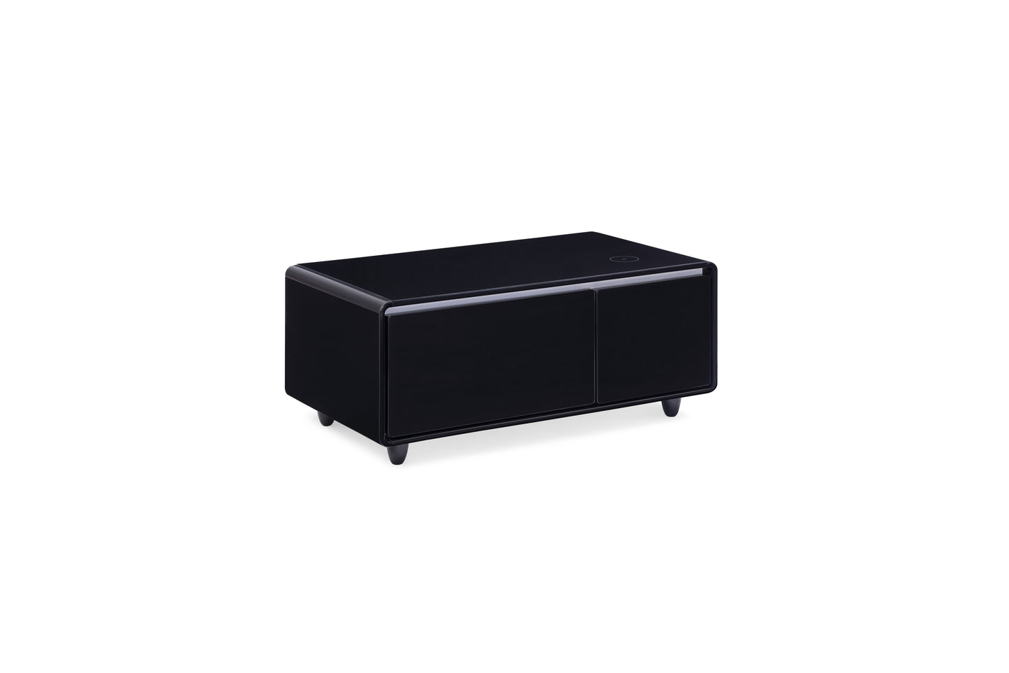 Black Smart Coffee Table with Refrigerated Storage, Wireless Charging, and Power Outlets