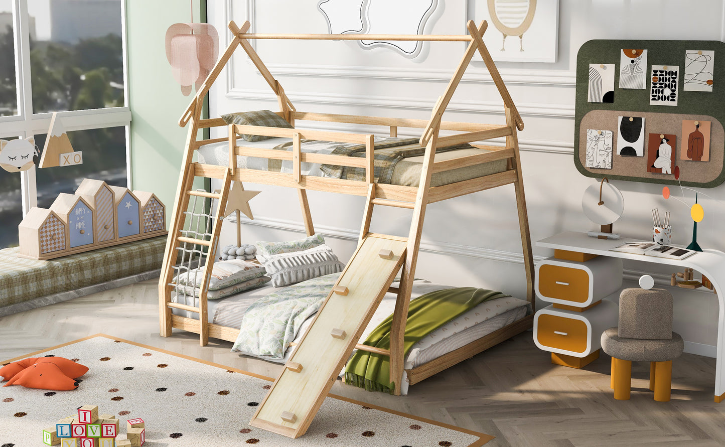 House Bunk Bed with Climbing Nets and Climbing Ramp for Twin and Queen Size, Natural