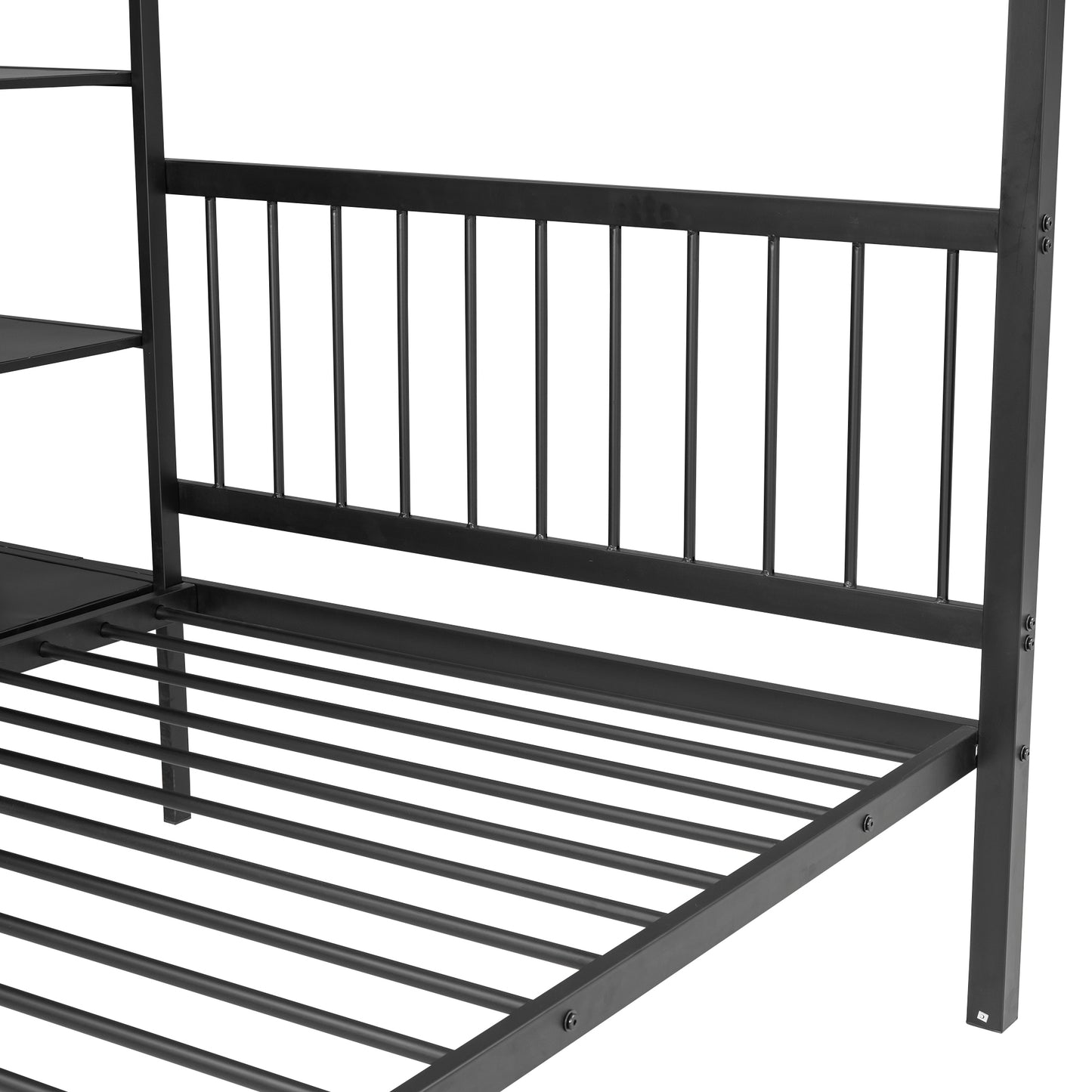 Black Metal Bunk Bed with Desk, Shelves, and Ladder