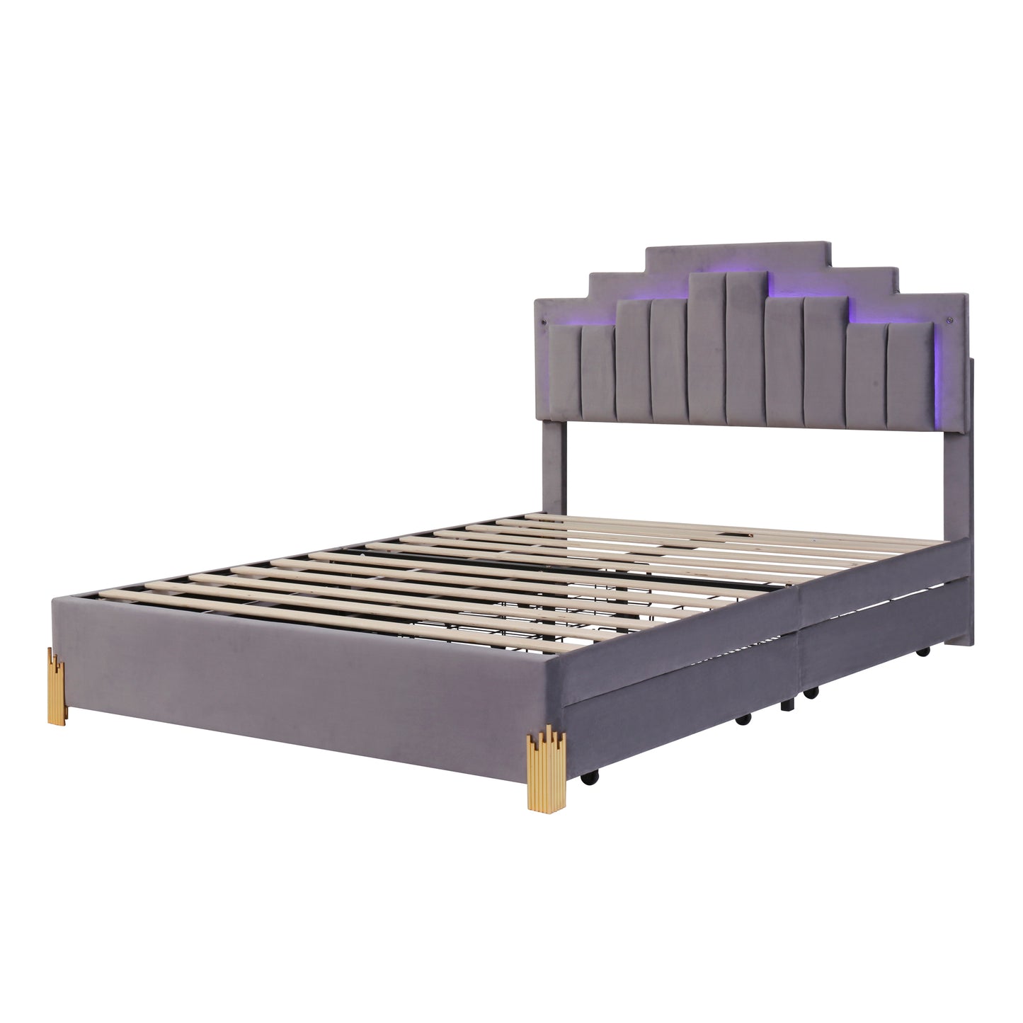 Queen Size Upholstered Platform Bed with LED Lights and 4 Drawers, Stylish Irregular Metal Bed Legs Design, Gray