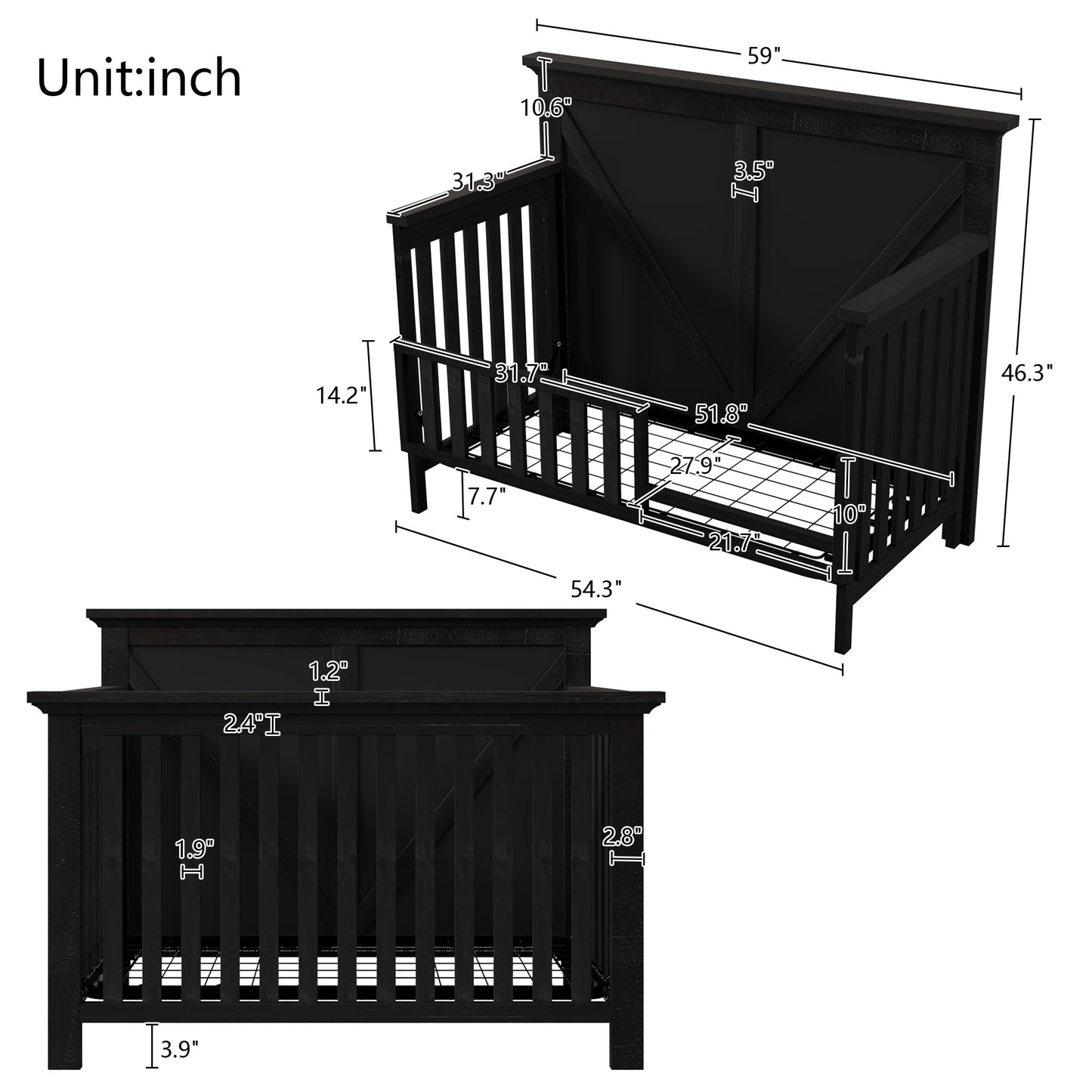 Rustic Farmhouse Style Blackwash 4-in-1 Convertible Baby Crib - Converts to Toddler Bed, Daybed and Full-Size Bed, Coffee