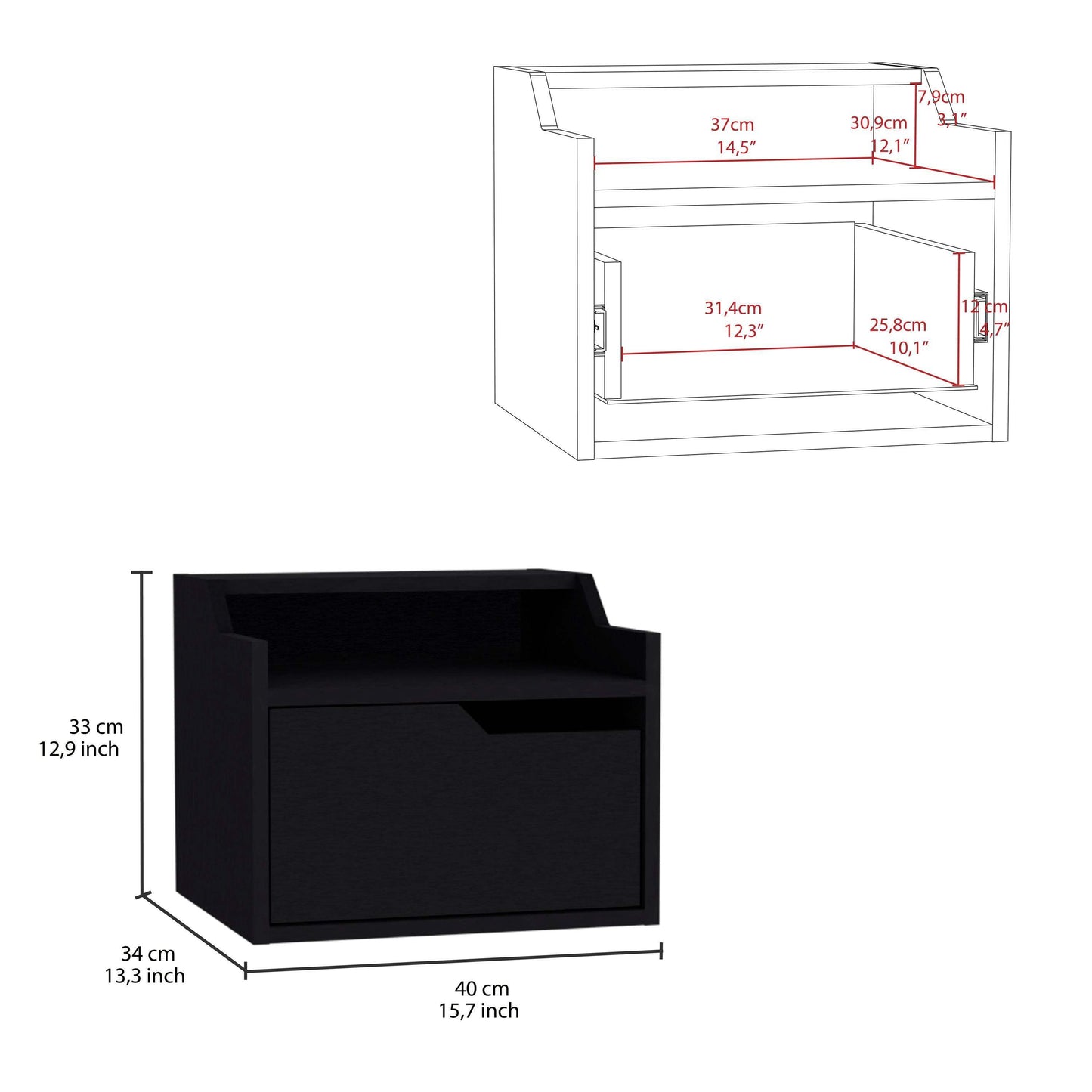 Busan Modern Floating Nightstand, Single-Drawer Design with Sleek Two-Tiered Top Shelf Surfaces- Black - Bedroom