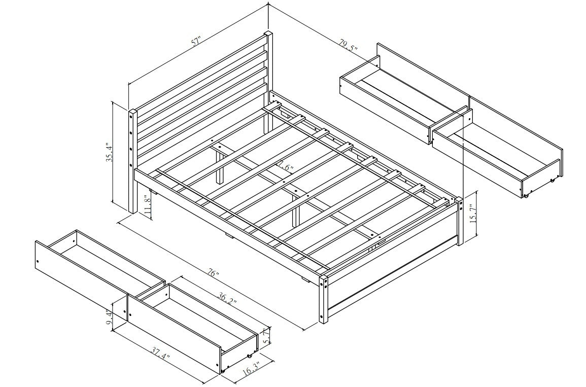 Full Size Wood Platform Bed Frame with 4 Storage Drawers and Headboard of White Color for All Ages