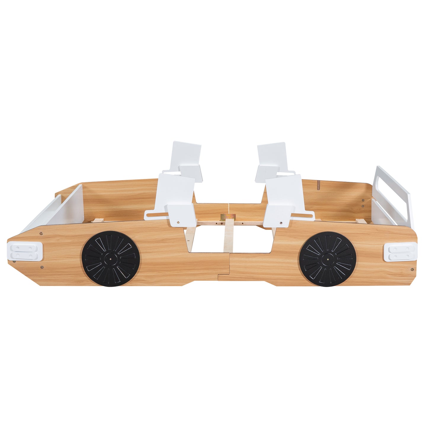 Wood Full Size Racing Car Bed with Door Design and Storage, Natural+White+Black