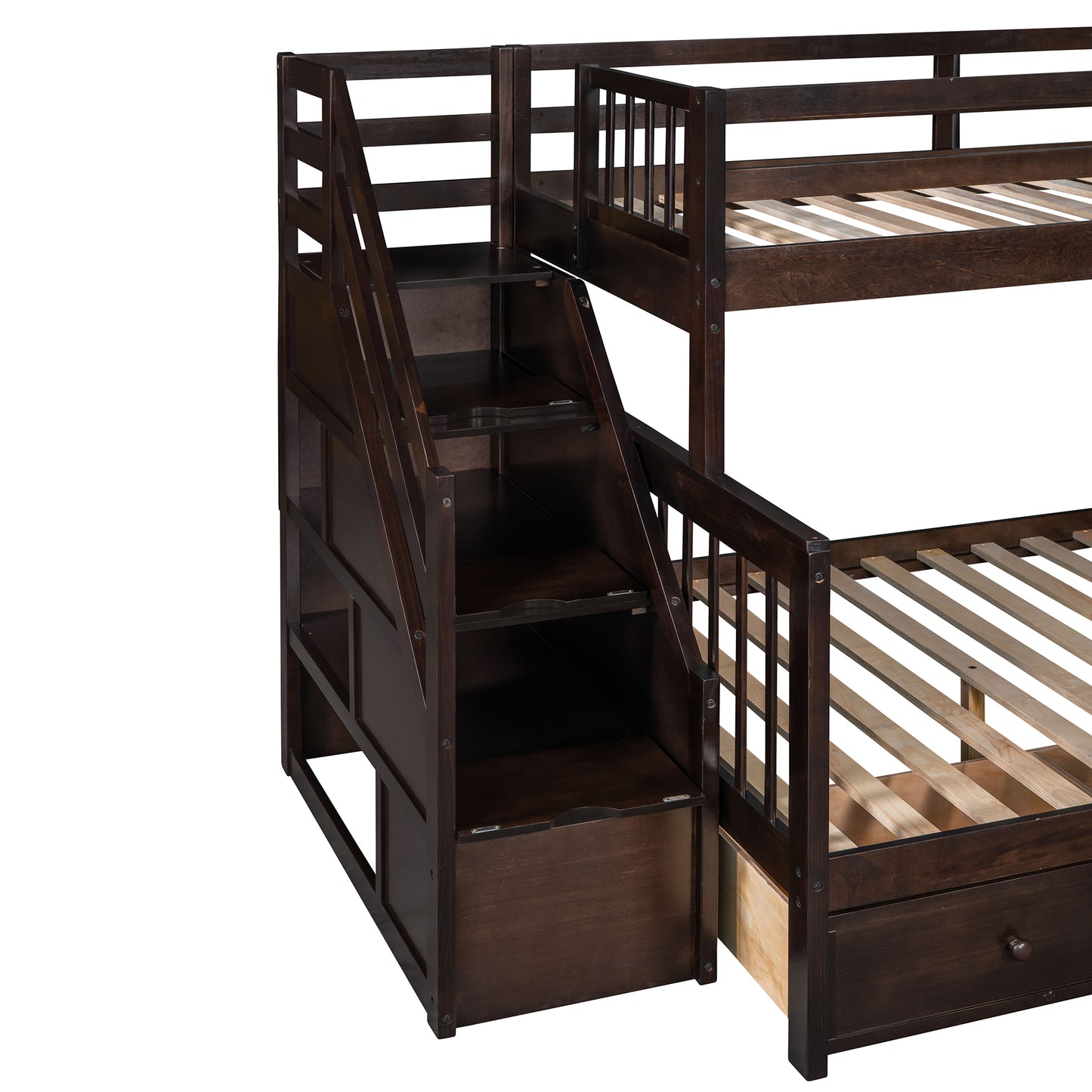 Espresso Twin over Full Bunk Bed with 3 Storage Drawers, Ladder, and Staircase