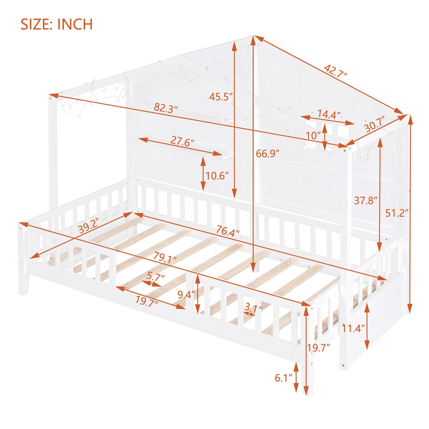 Twin Size House Bed with Shelves, House Bed with Window and  Sparkling Light Strip on the Roof, White