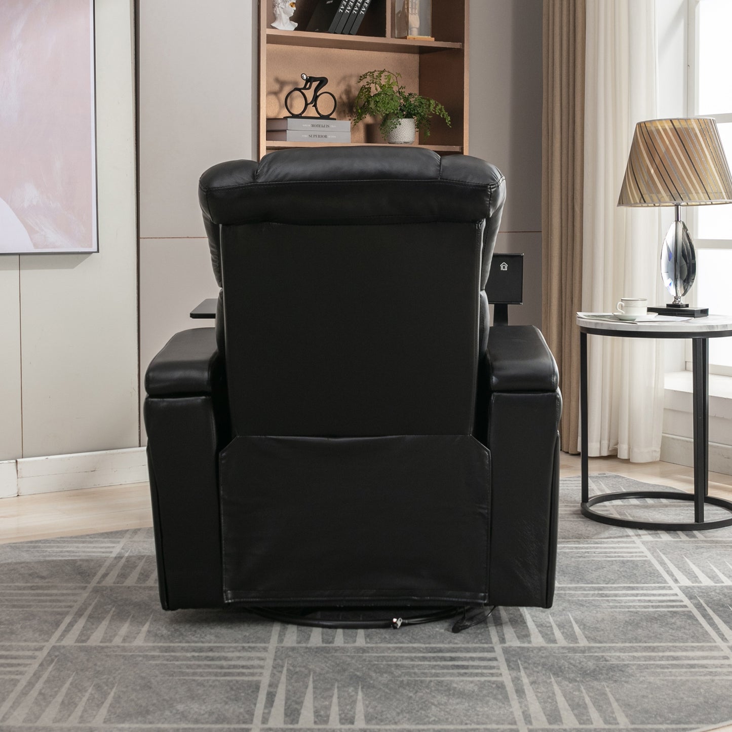 Luxury Black Swivel Recliner Chair with Tray Table, Phone Holder, and USB Port