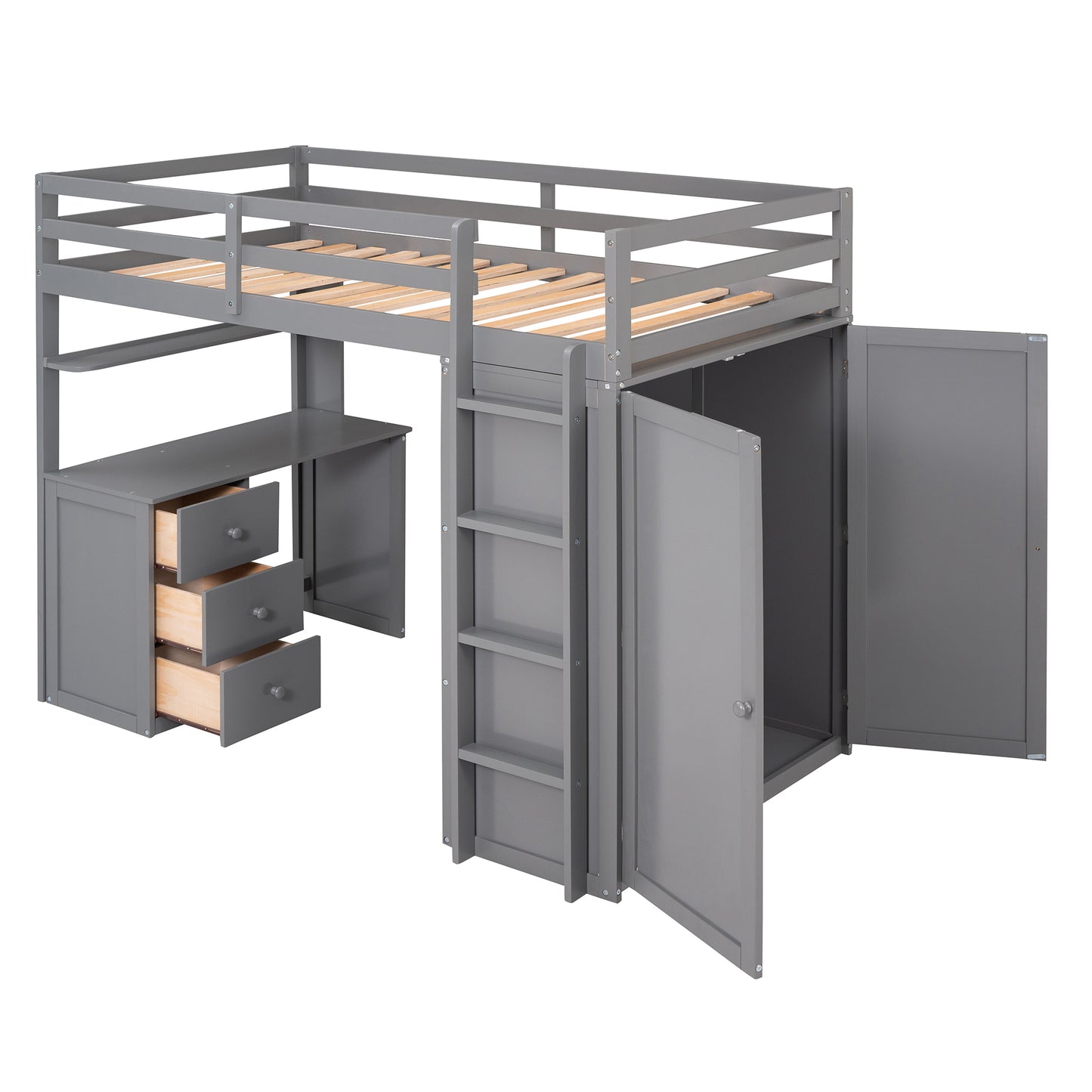 Twin size Loft Bed with Drawers,Desk,and Wardrobe-Gray