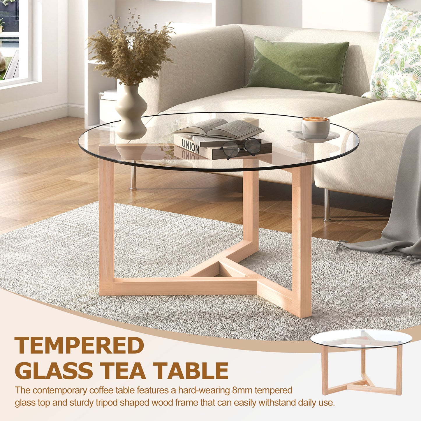 Modern Round Glass Coffee Table with Wood Base - Natural