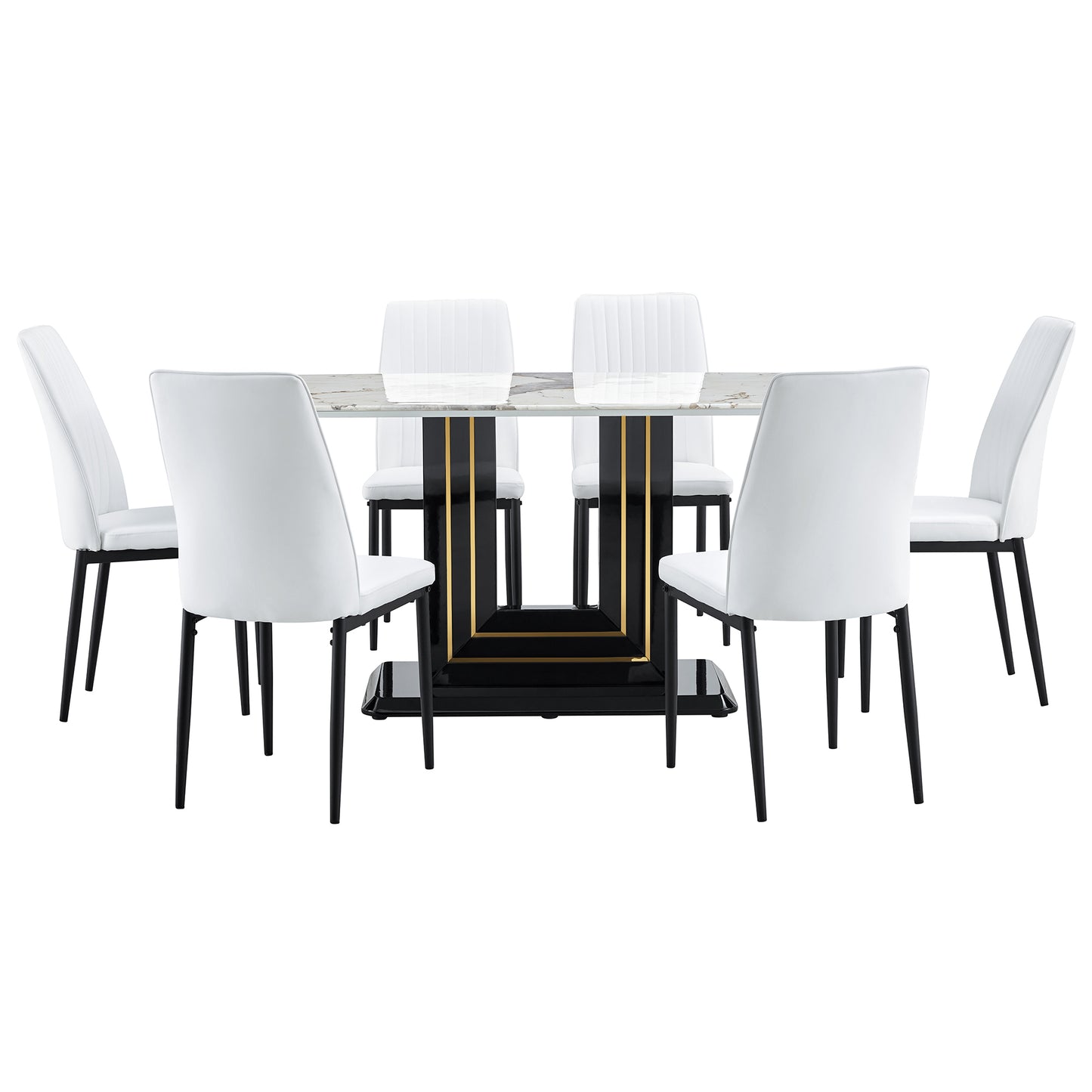 7-Piece Faux Marble Dining Table Set, Glass Rectangular Kitchen Table for 6-8, Modern White Faux Marble Dining Room Table with MDF Base, Dining Table & 6 Chairs