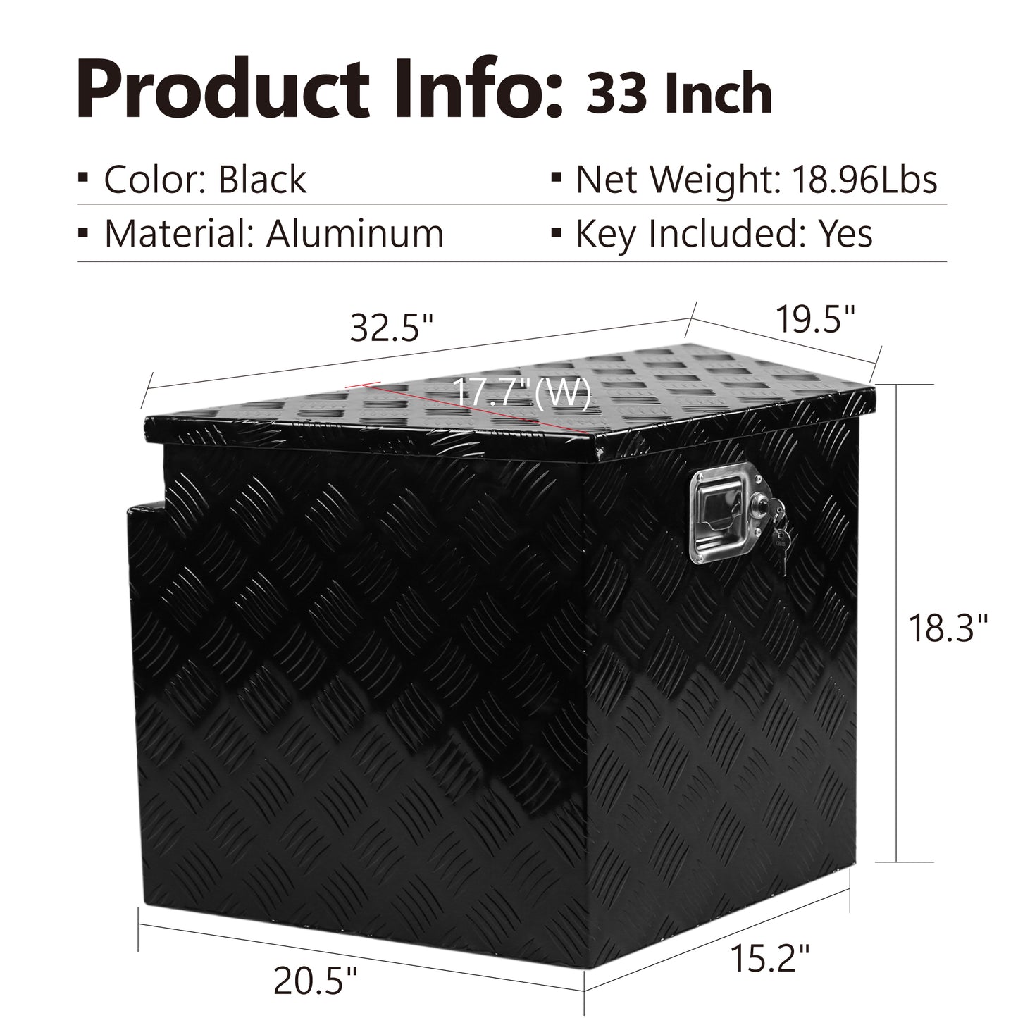 33 Inch Heavy Duty Diamond Plate Aluminum Trailer Tongue Box Pickup Truck Tool Box Storage Organizer with Weather Resistant Seal, Lock & Keys – Black 32.5"x20.5"x18.3"