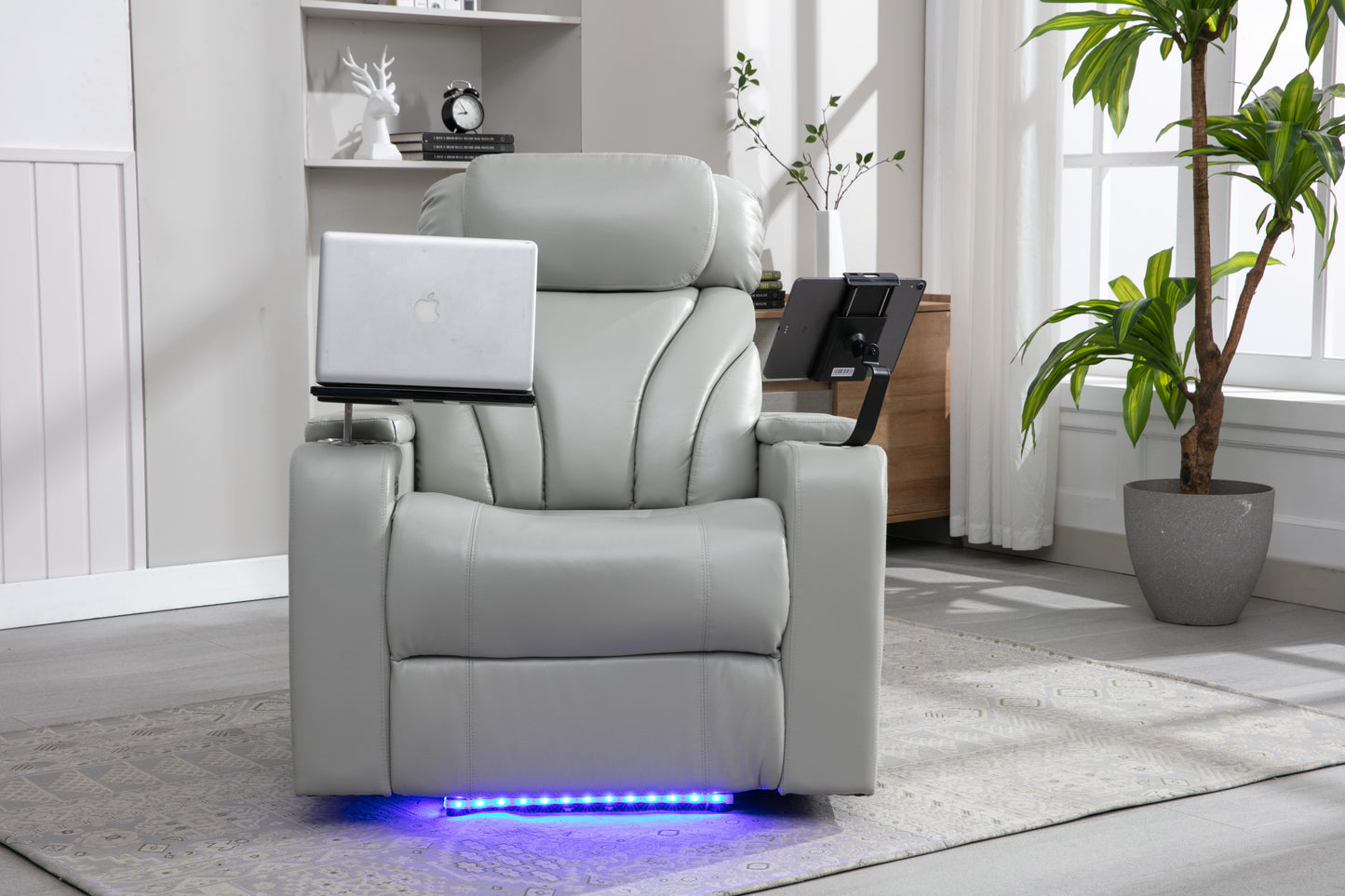 Ergonomic Power Motion Recliner with USB Charging and Hidden Storage, Home Theater Seating with Stereo and Cup Holder (Light Grey)