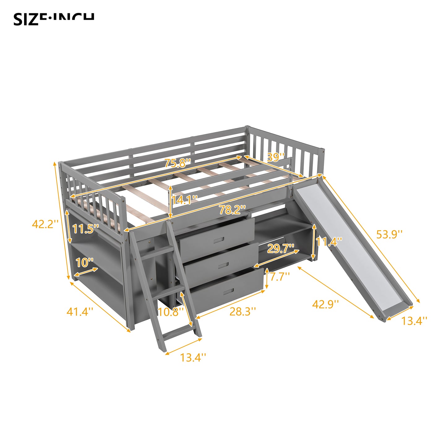 Low Loft Bed with Attached Bookcases and Separate 3-tier Drawers,Convertible Ladder and Slide,Twin,Gray