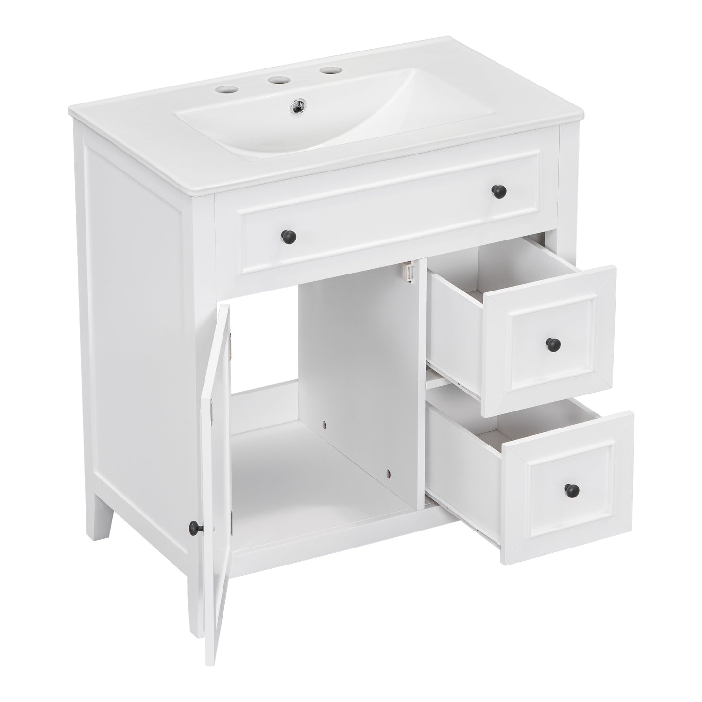 30" Bathroom Vanity with Sink Top, Bathroom Vanity Cabinet with Door and Two Drawers, Solid Wood Frame, One Package, White