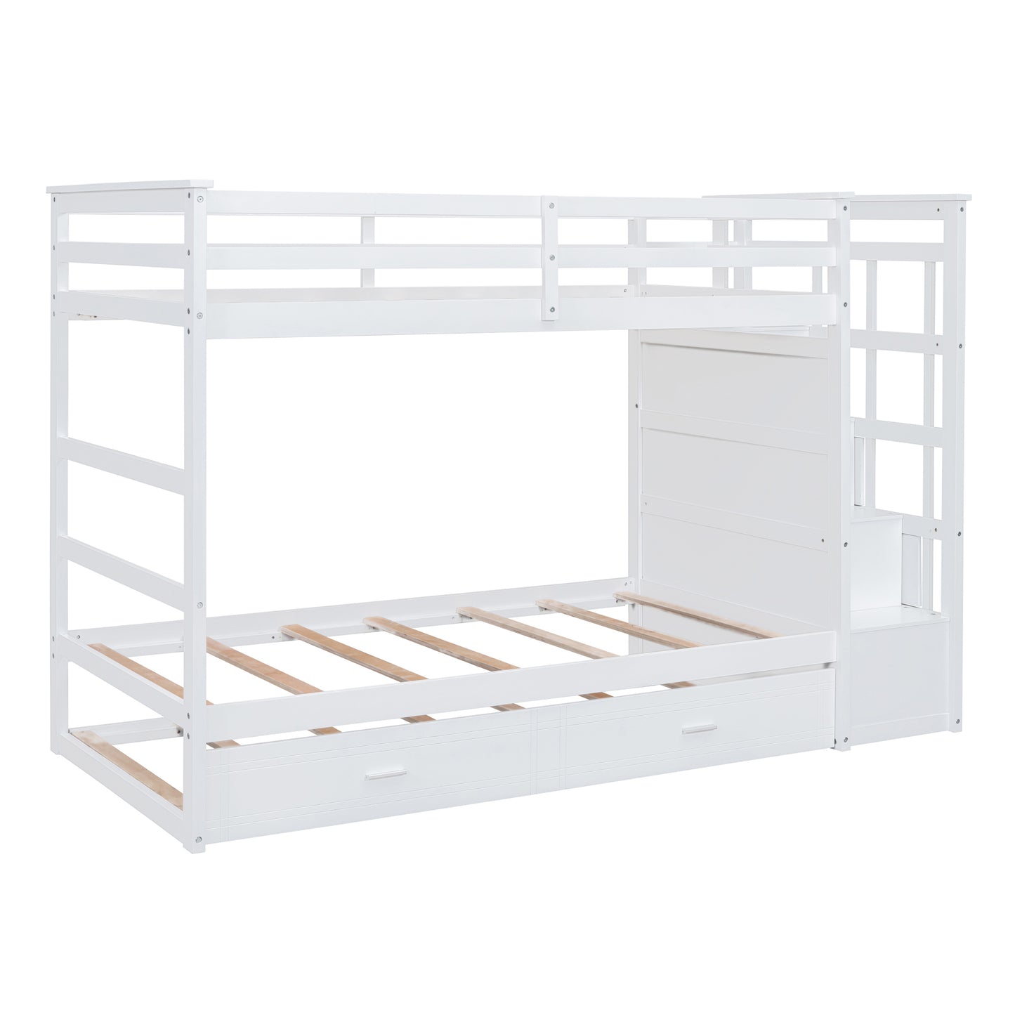 White Twin Over Twin Bunk Bed with Trundle, Staircase, and Storage Drawers