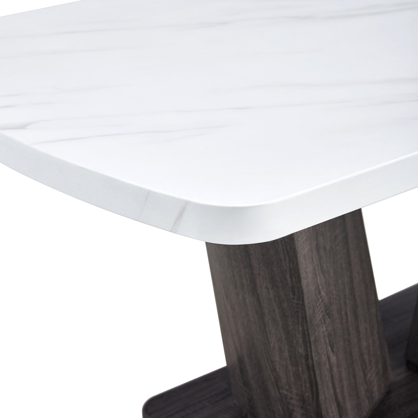 63" Modern Style 6-piece Dining Table with 4 Chairs & 1 Bench, Table with Marbled Veneers Tabletop and V-shaped Table Legs (White)