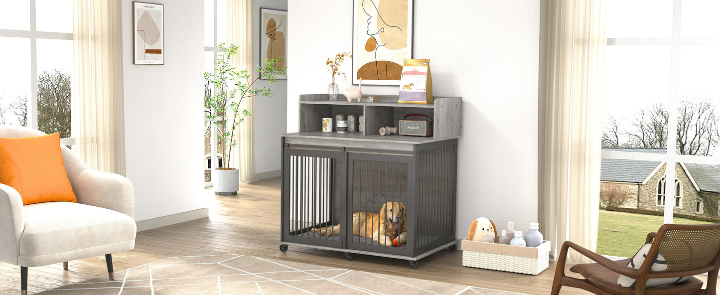 Furniture type dog cage iron frame door with cabinet, top can be opened and closed. Grey, 43.7'' W  x 29.9'' D  x 42.2'' H