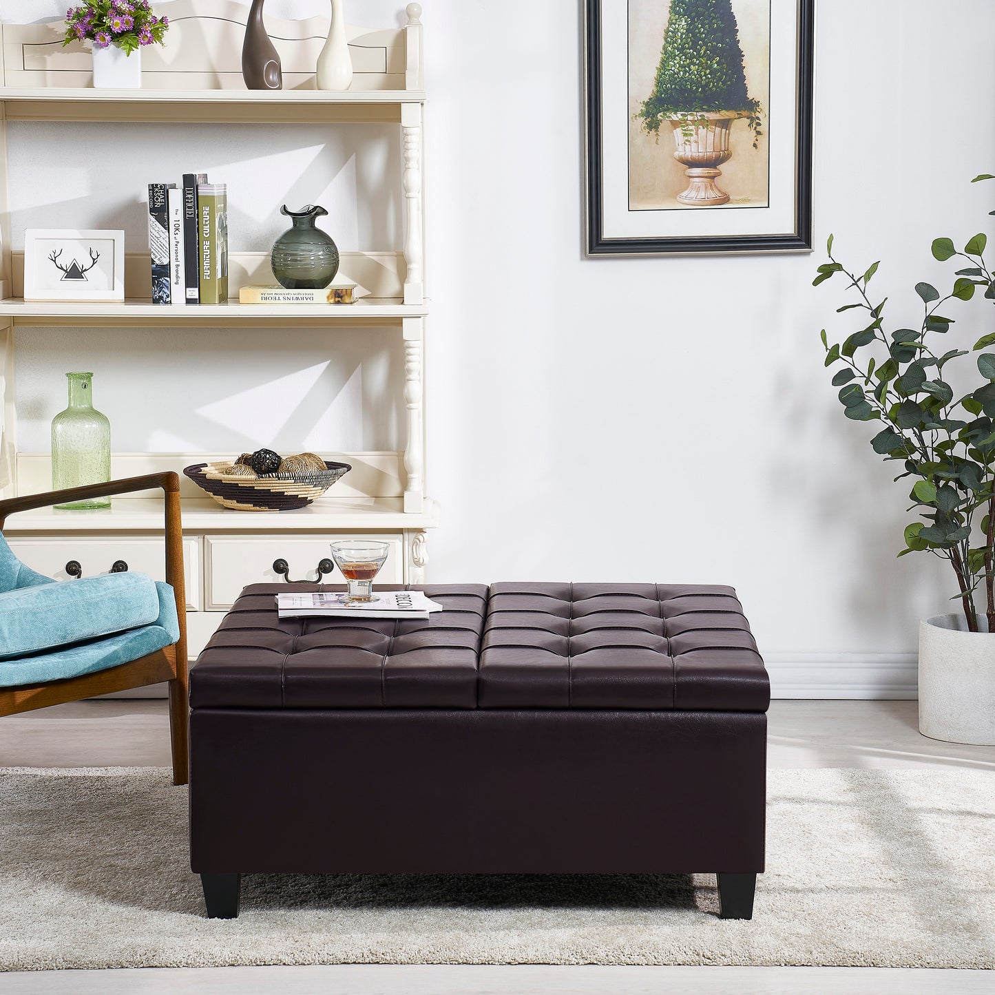 Elegant Dark Brown Large Square Faux Leather Ottoman with Storage