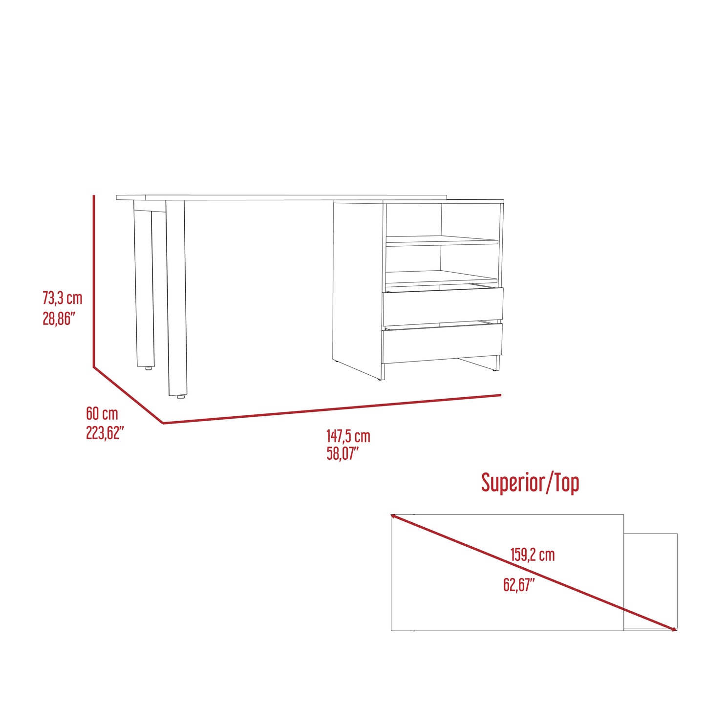 Cusco Light Gray Office Desk with Storage and Metal Legs