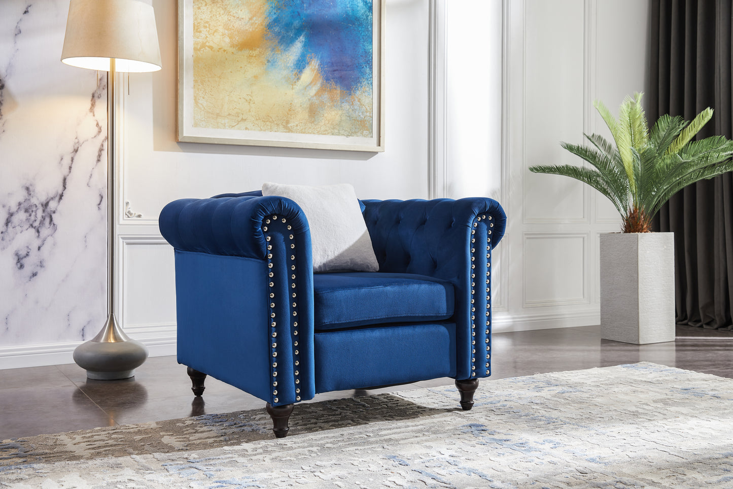 Blue Velvet 3 Piece Living Room Sofa Set with Button Tufting and Copper Nail Accents