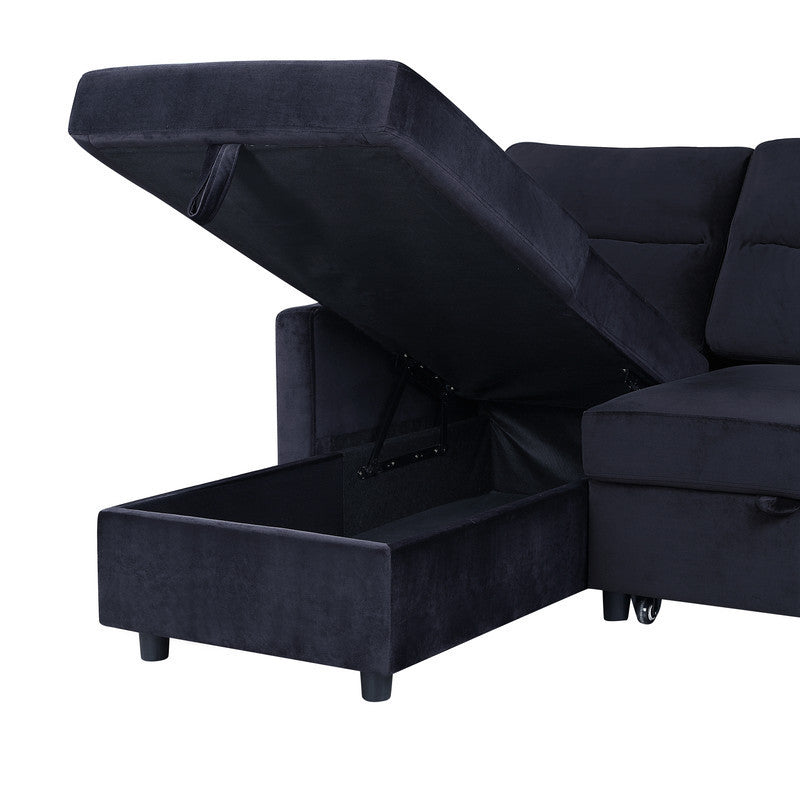 Black Velvet Reversible Sleeper Sectional Sofa with Storage Chaise and Side Pocket