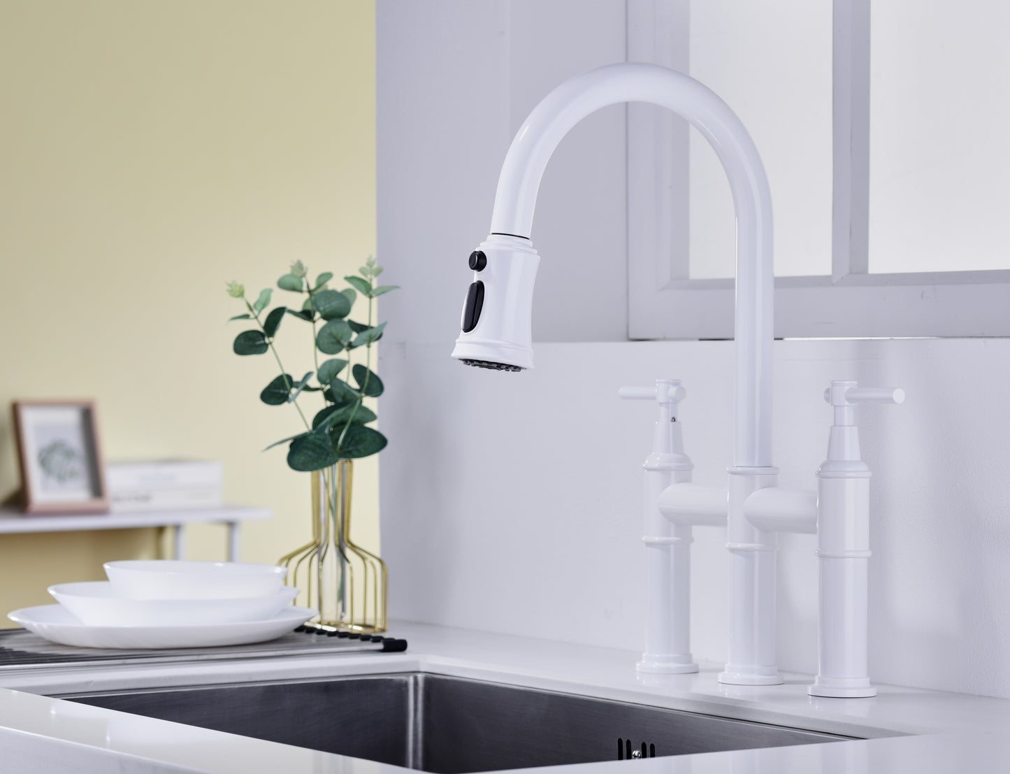 Bridge Kitchen Faucet with Pull-Down Sprayhead in Spot