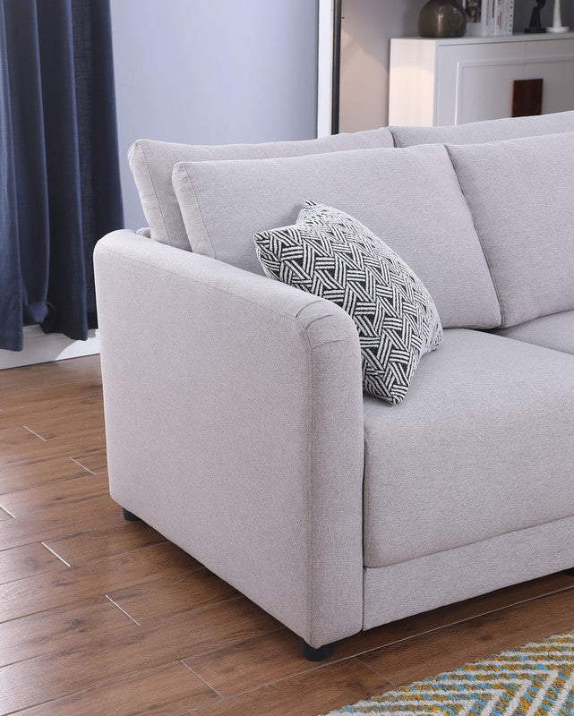 Penelope Light Gray Linen Fabric 4-Seater Sofa with 2 Ottoman and Pillows