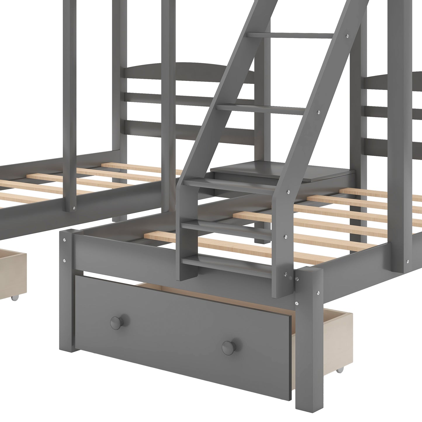 Gray Triple Bunk Bed with Storage Drawers, Full over Twin & Twin Bunk Bed