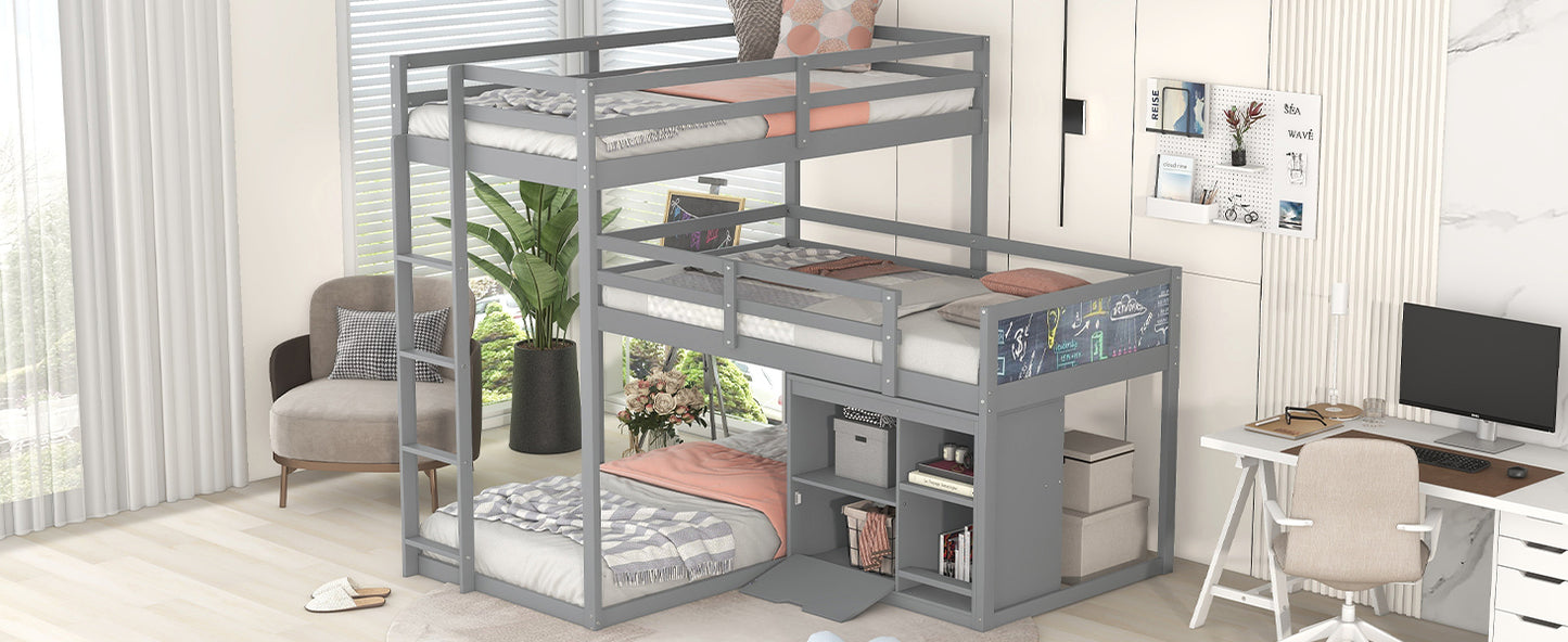 Gray L-shaped Triple Bunk Bed with Storage and Blackboard