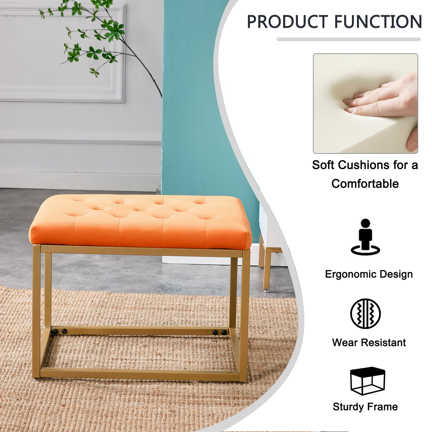 Chair Velvet Shoe Changing Stool, Orange Footstool, Square Vanity Chair, Sofa stool,Makup Stool .Vanity Seat ,Rest stool. Piano Bench .Suitable for Clothes Shop,Living RoomST-001-OR