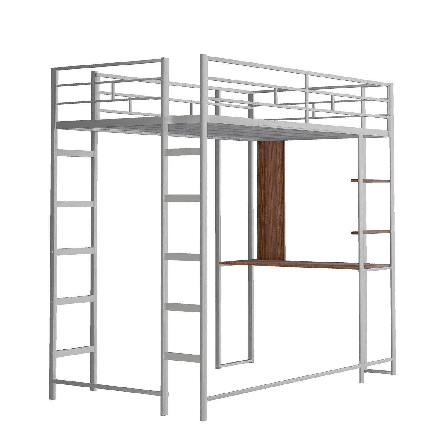 Twin Metal Loft Bed with 2 Shelves and one Desk ,Silver(: MF281206AAN)