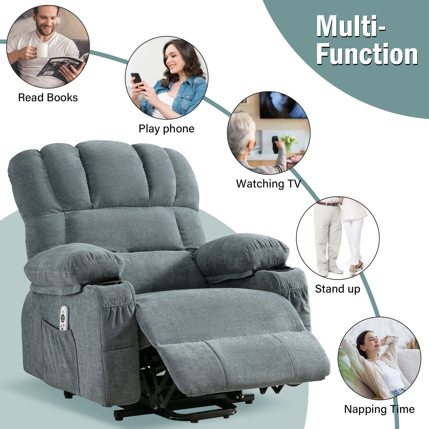 Blue Power Lift Recliner Chair with Massage, Heat, and Remote Control