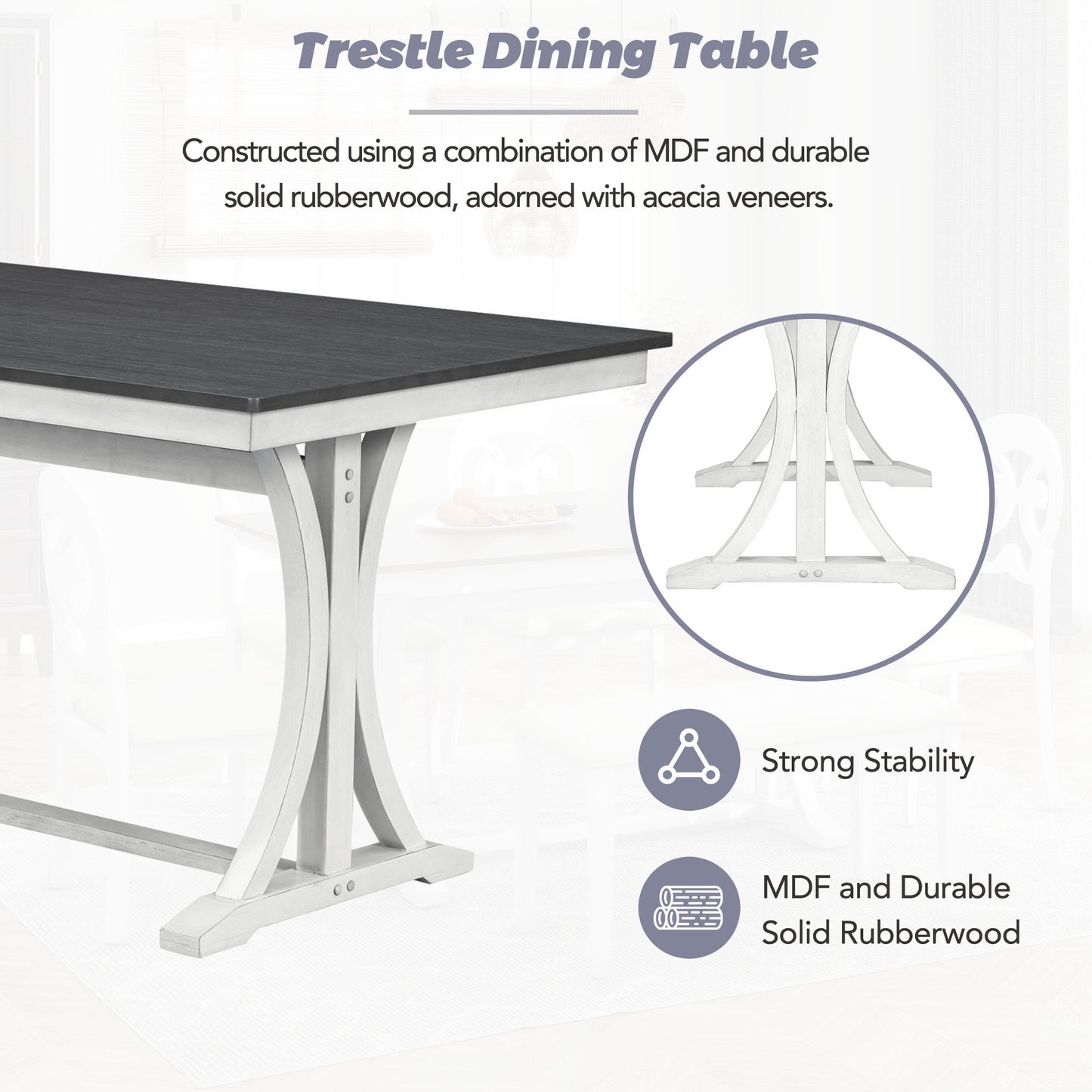 Mid-Century 6-Piece Trestle Table Set with Victorian Round Upholstered Dining Chairs and Long Bench, Gray+Antique White