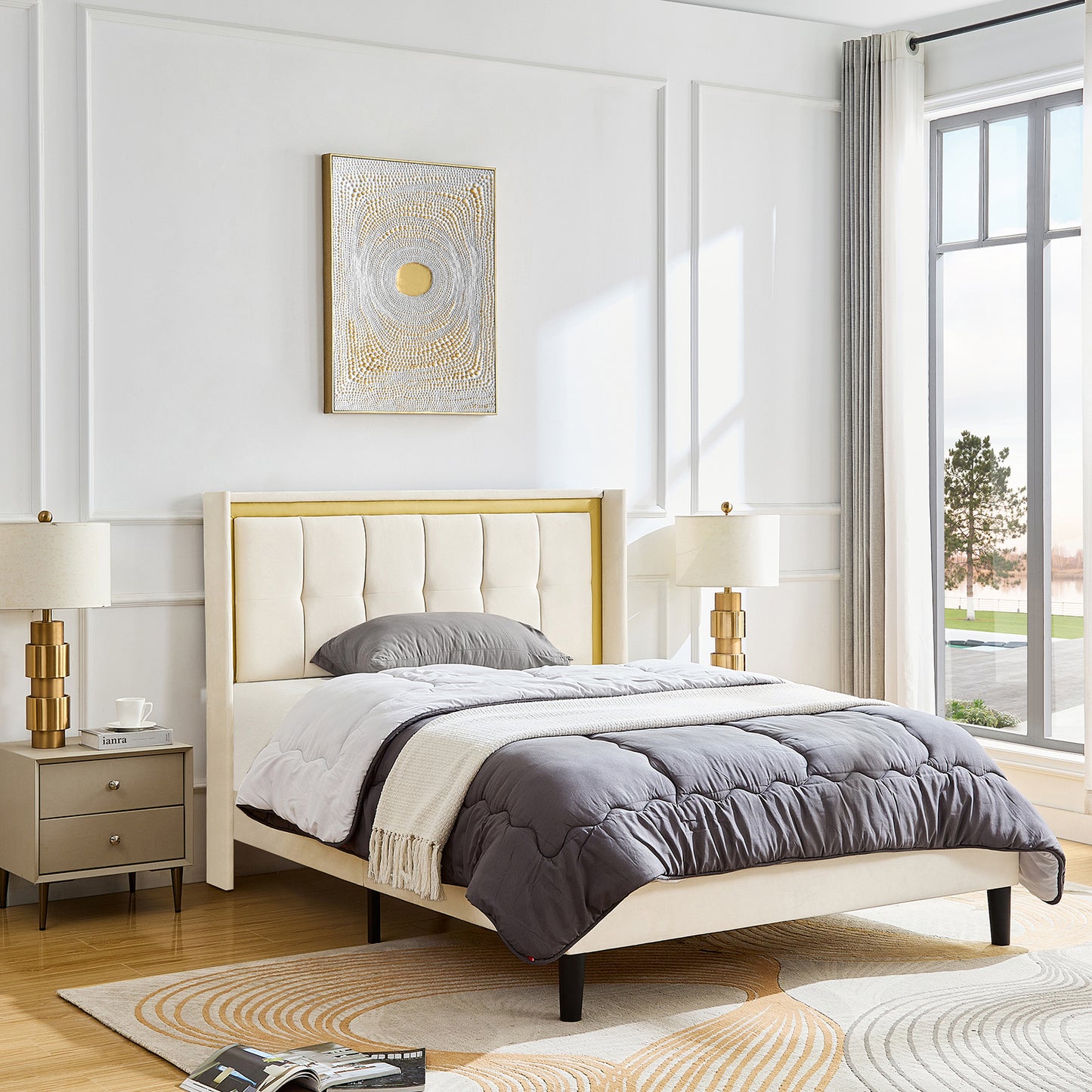 Full Size Upholstered bed with headboard, sturdy wooden slats, high load-bearing capacity, non-slip and noiseless, no springs, easy to assemble, beige