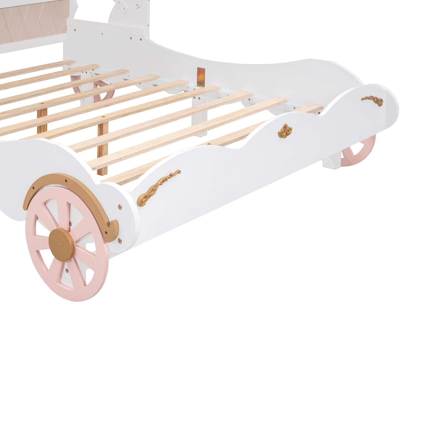 Full Size Princess Carriage Bed with Canopy, Wood Platform Car Bed with 3D Carving Pattern, White+Pink+Gold