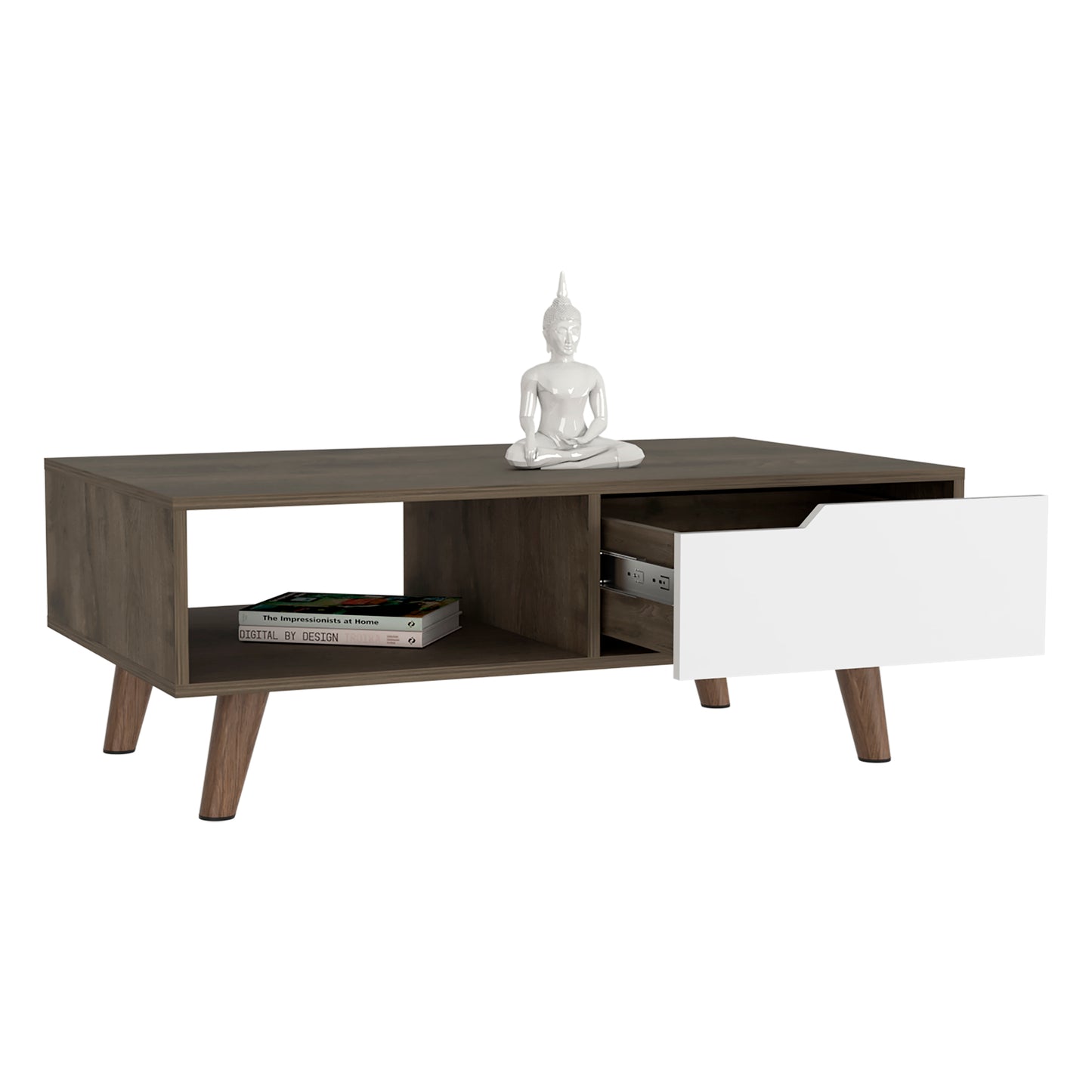 Bull Coffee Table 2.0 with Drawer, Four Legs, Dark Brown / White Finish