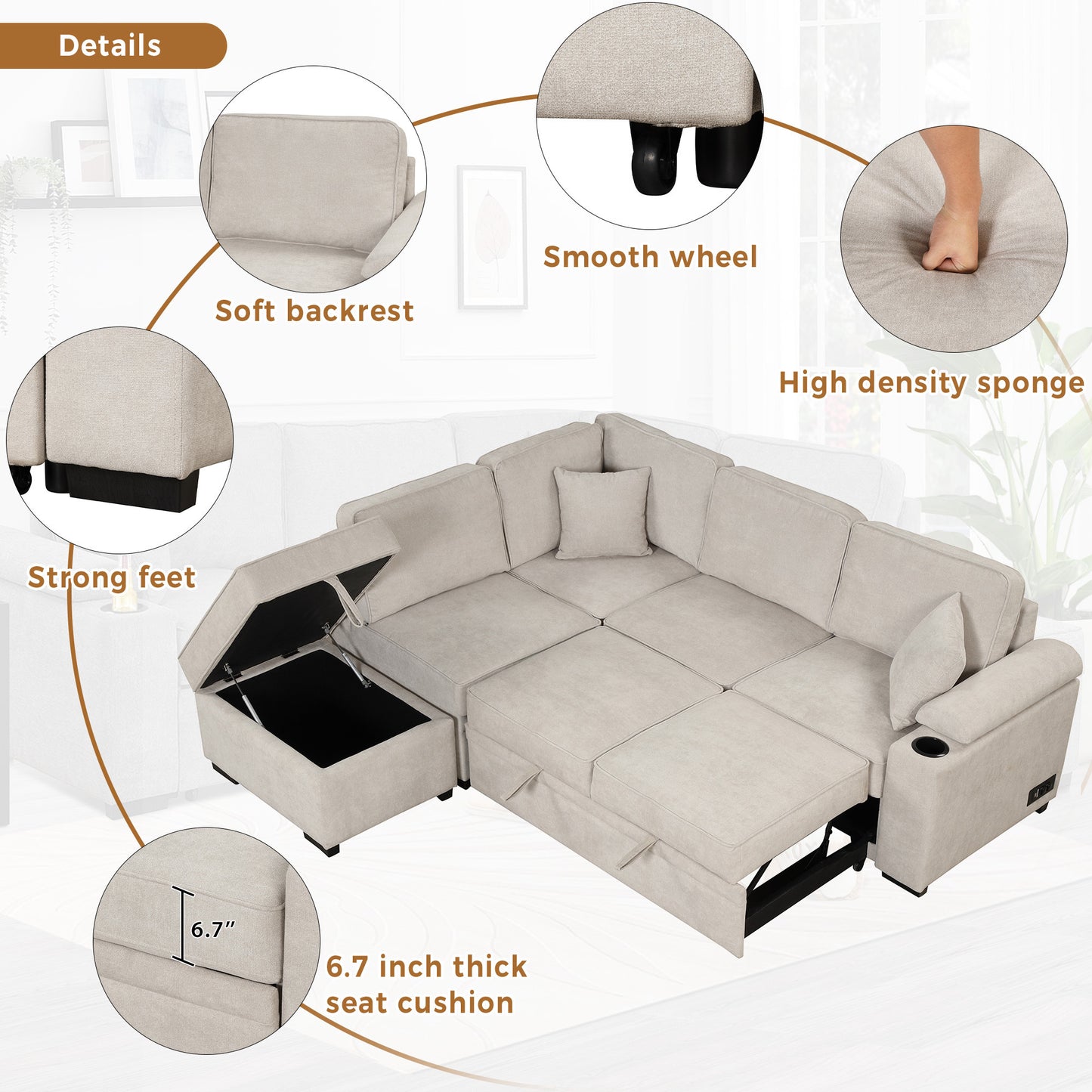 87.4 Beige L-Shape Sleeper Sofa Bed with Storage Ottoman