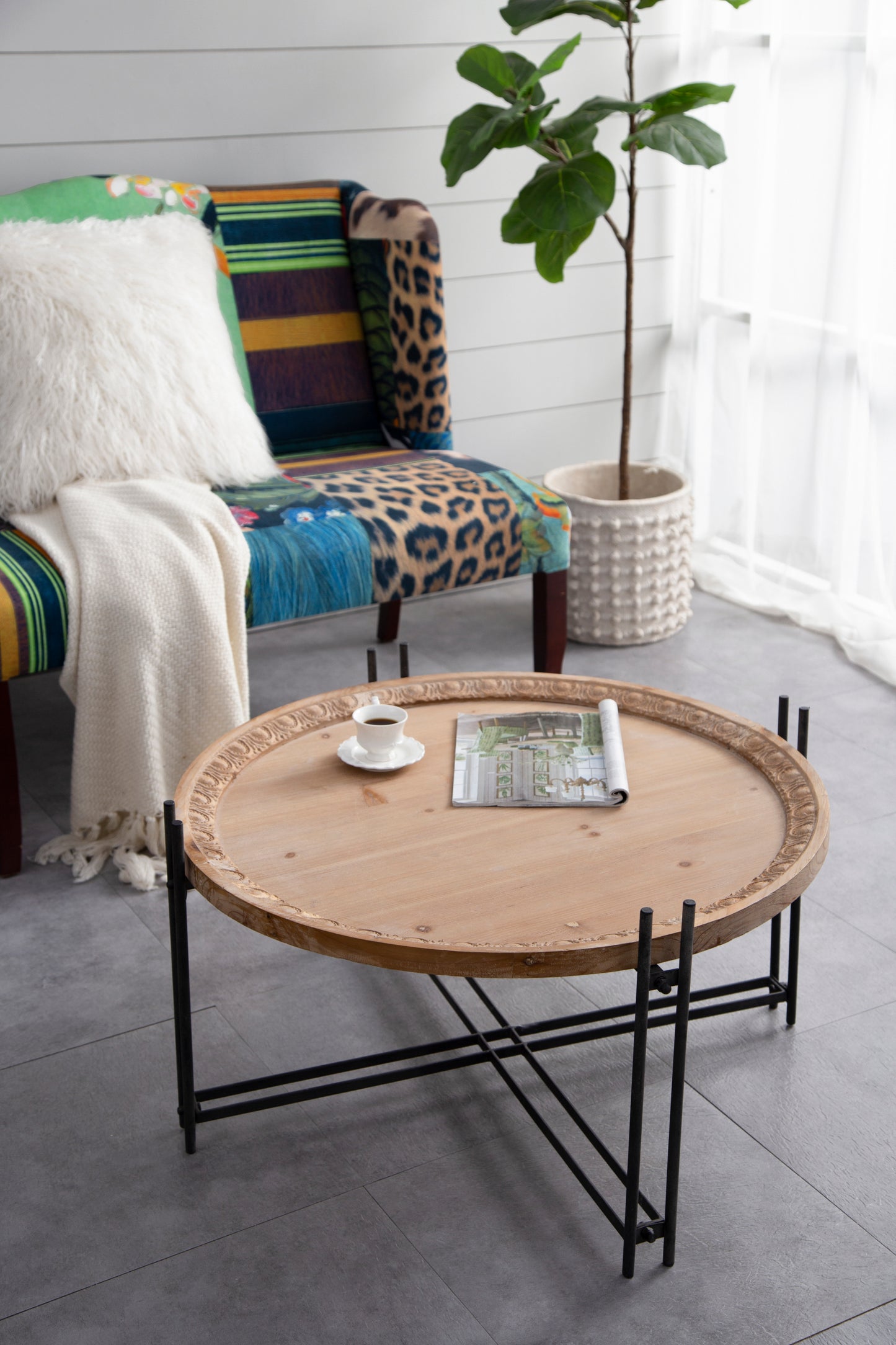 Round Wooden Coffee Table with Modern Metal Legs