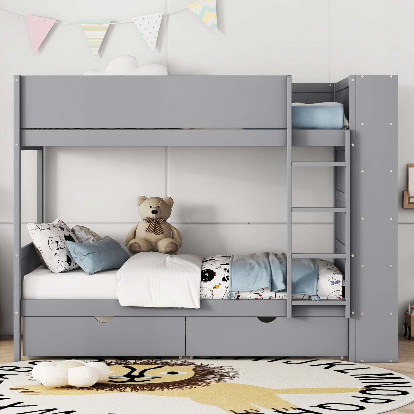 Versatile Gray Twin Bunk Bed with Storage Drawers and Multi-Layer Cabinet