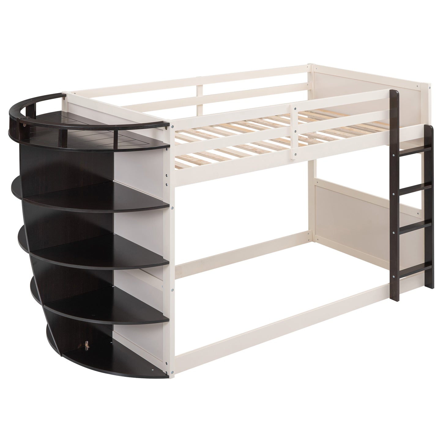 Boat-Themed Bunk Bed with Storage Shelves, Cream+Espresso