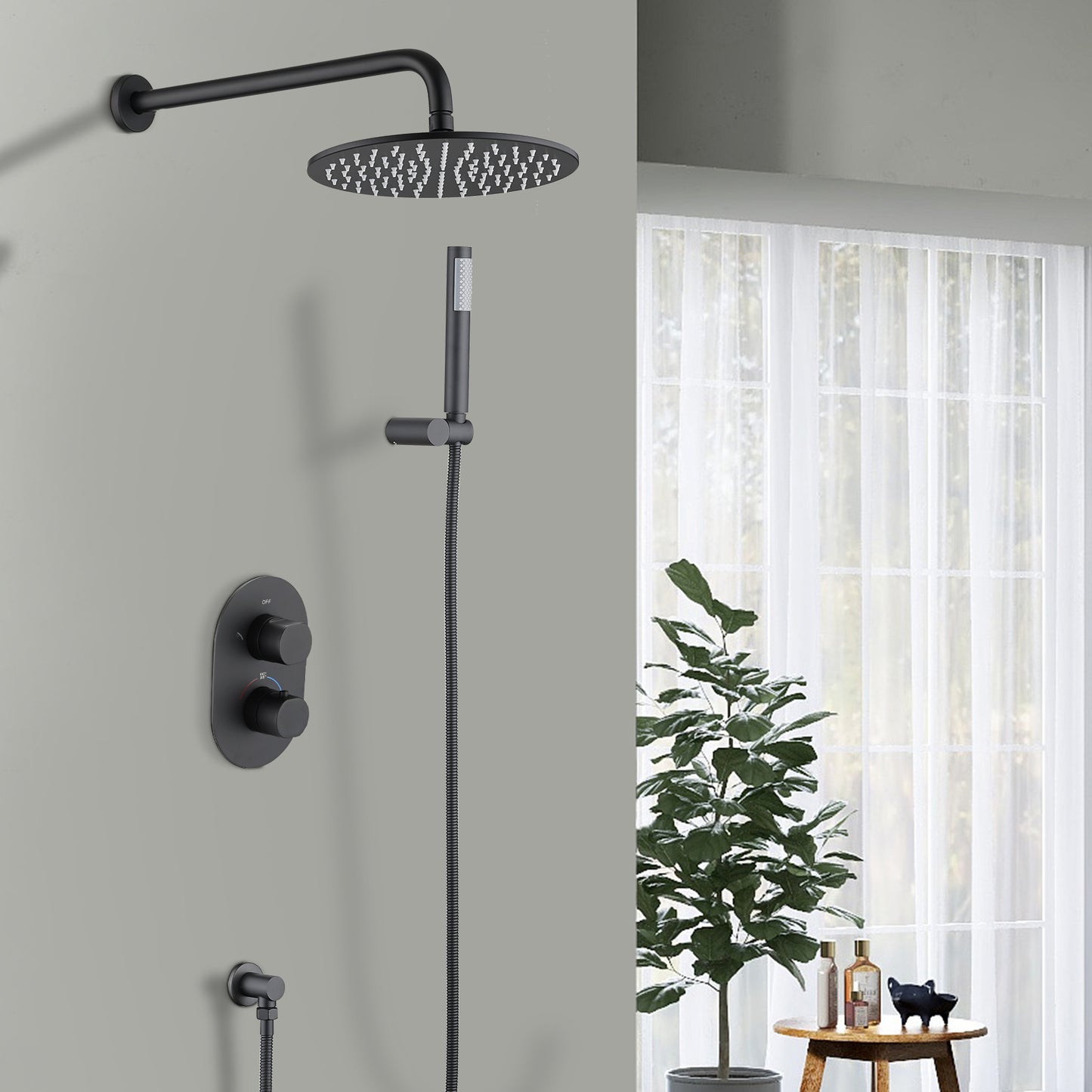 Matte Black Thermostatic Rainfall Shower System with Handheld Shower