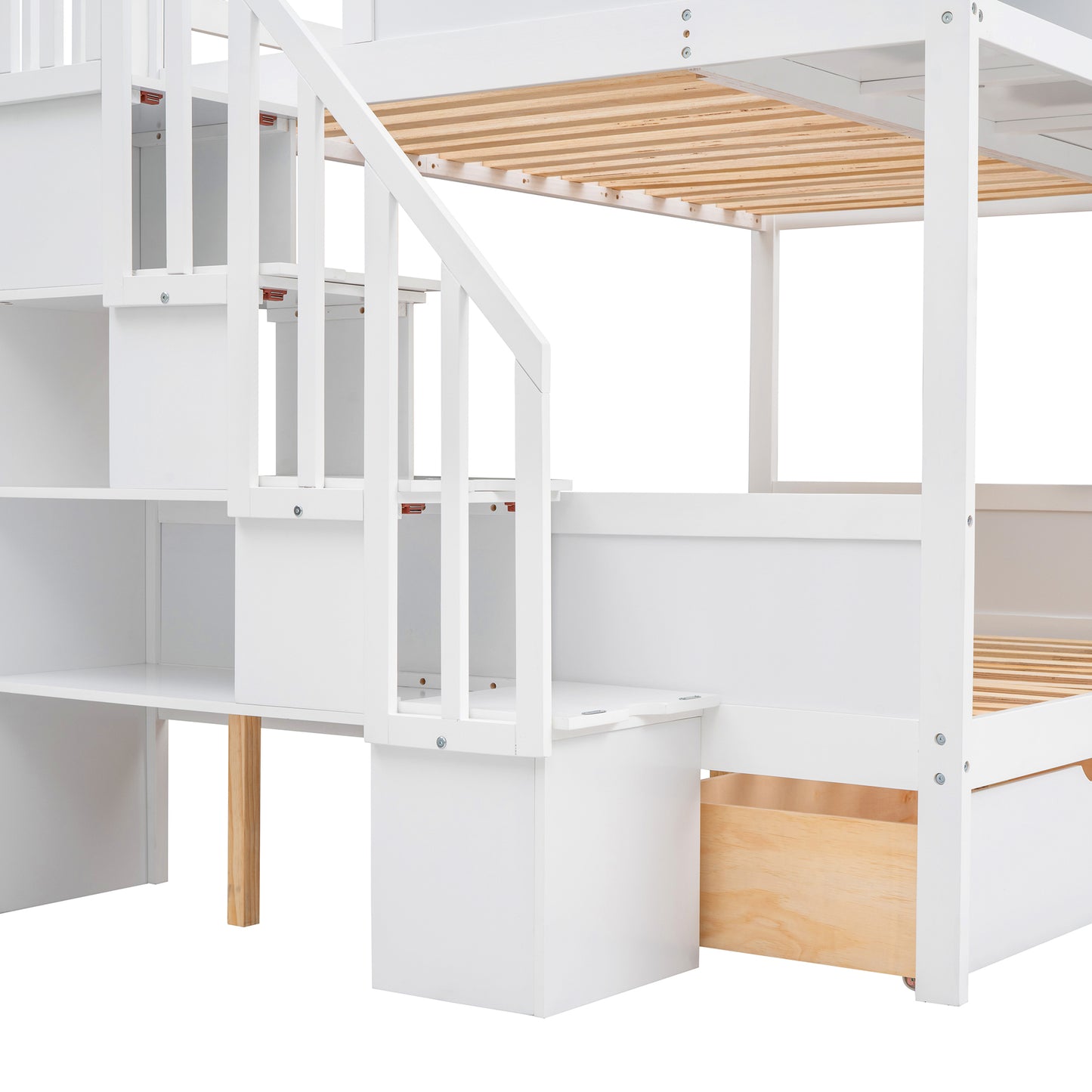 Versatile White Bunk Bed with Shelves, Storage Staircase, and Drawers