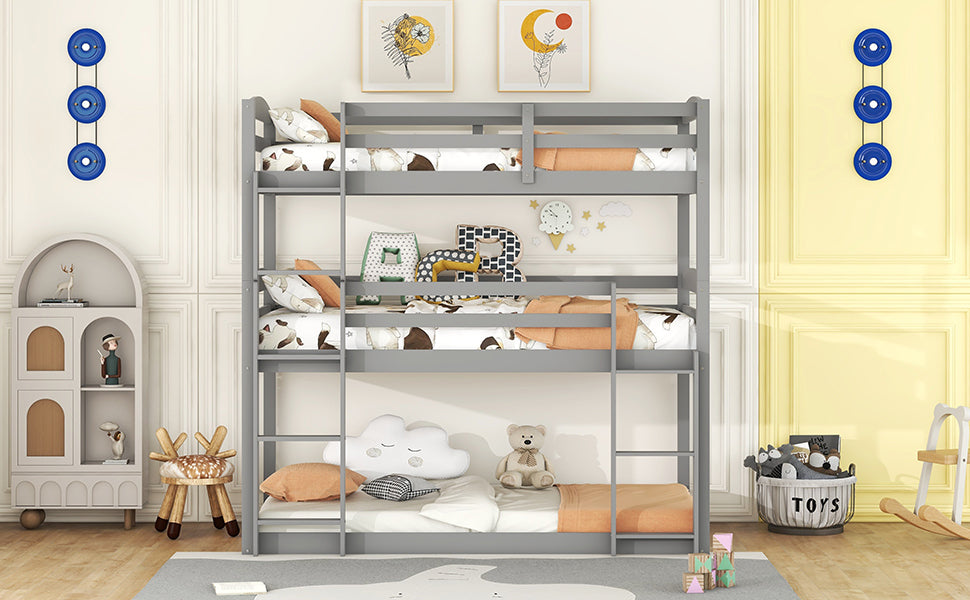 Gray Stain Triple Tier Bunk Bed