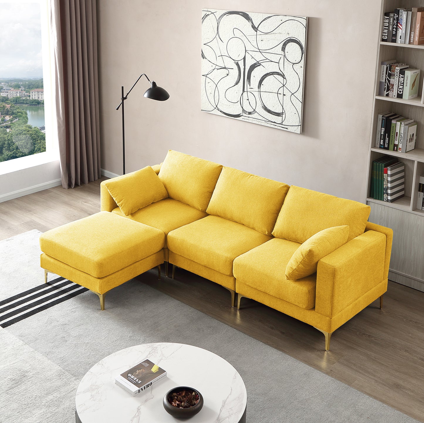 ADF Living Room Furniture Modern Leisure L Shape Couch Yellow Fabric