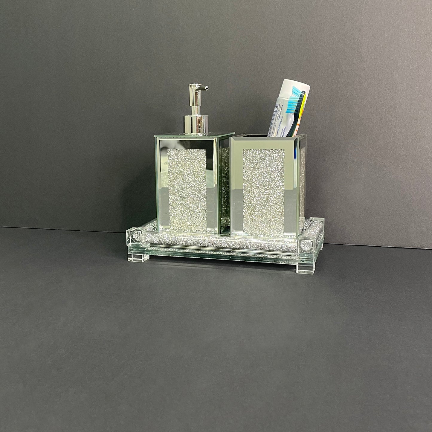 Exquisite Glass 3-Piece Bathroom Set with Square Soap Dispenser, Toothbrush Holder, and Tray