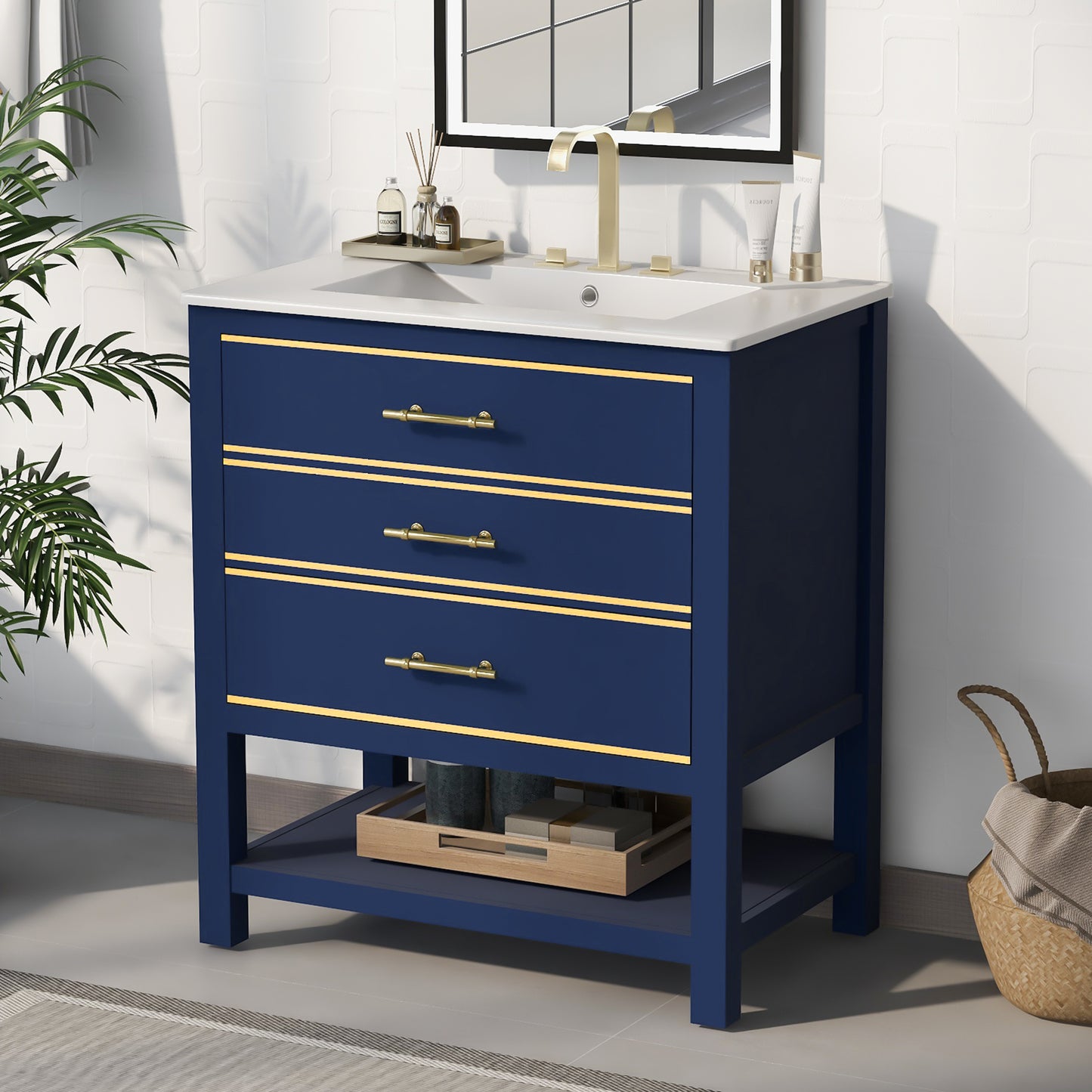 Modern 30inch Navy Blue/White Bathroom Vanity Cabinet Combo with OpenStorge, Two Drawers