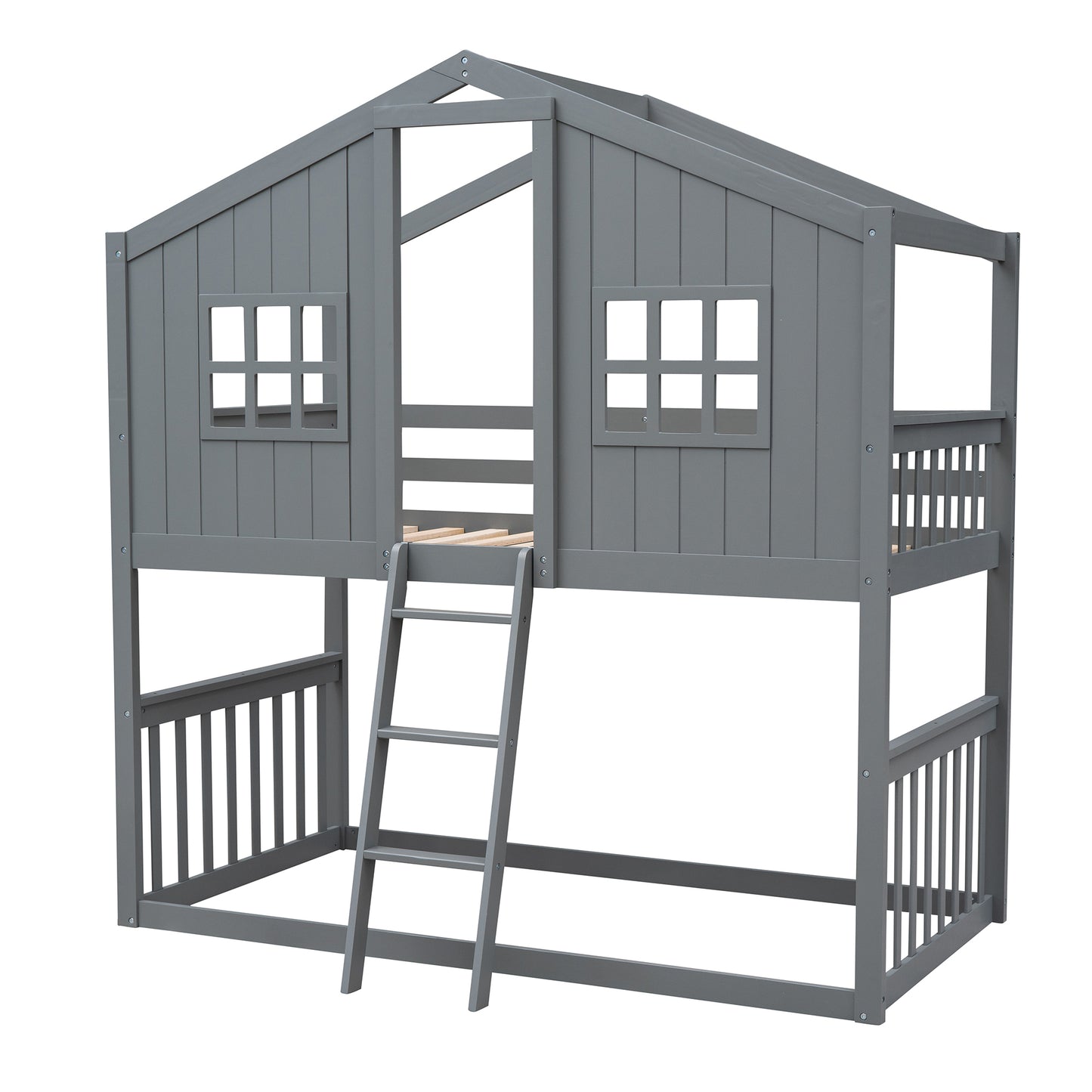 Twin House Bunk Bed with Gray Wood Finish and Ladder