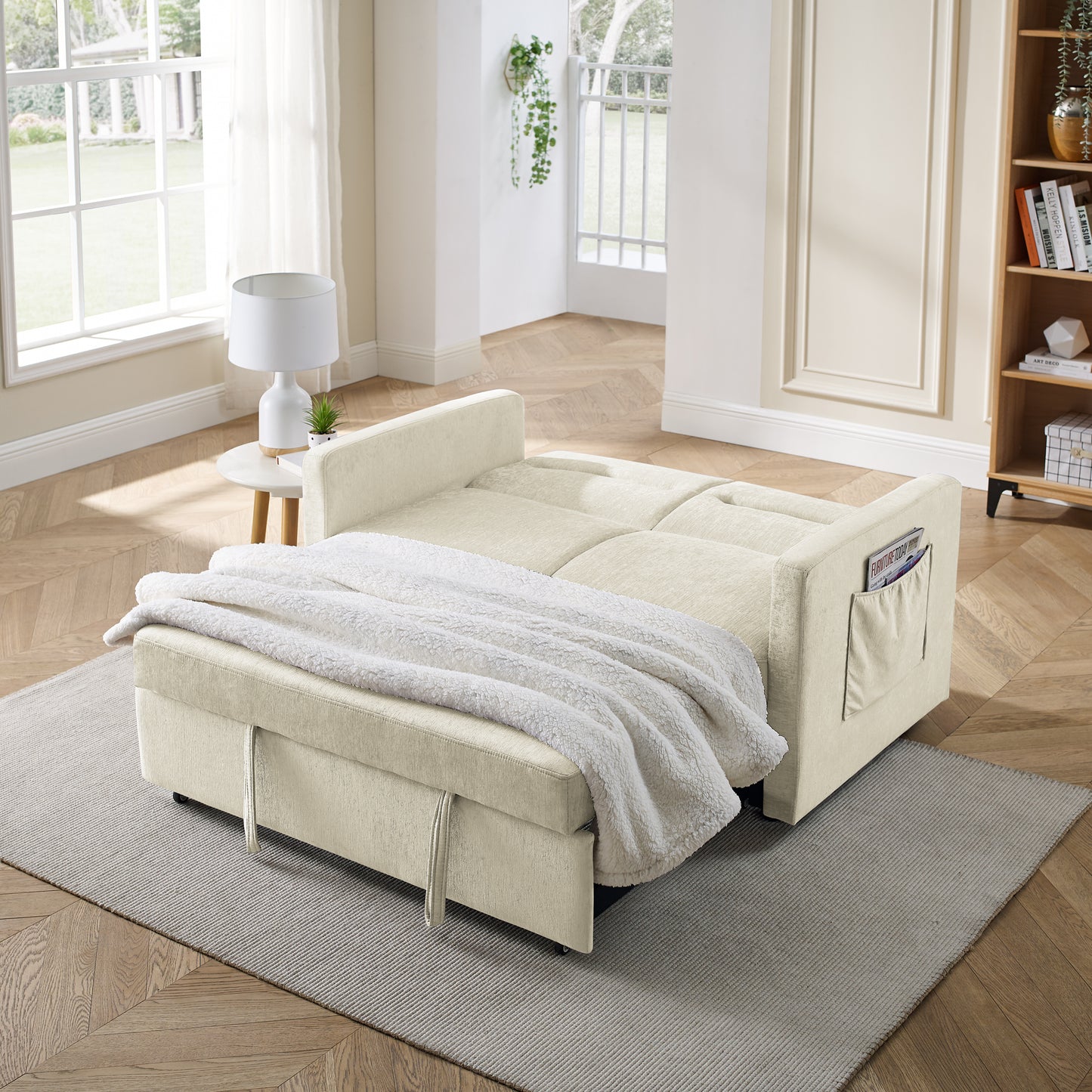 Loveseats Sofa Bed with Pull-out Bed,Adjsutable Back and Two Arm Pocket,Beige (54.5"x33"x31.5")